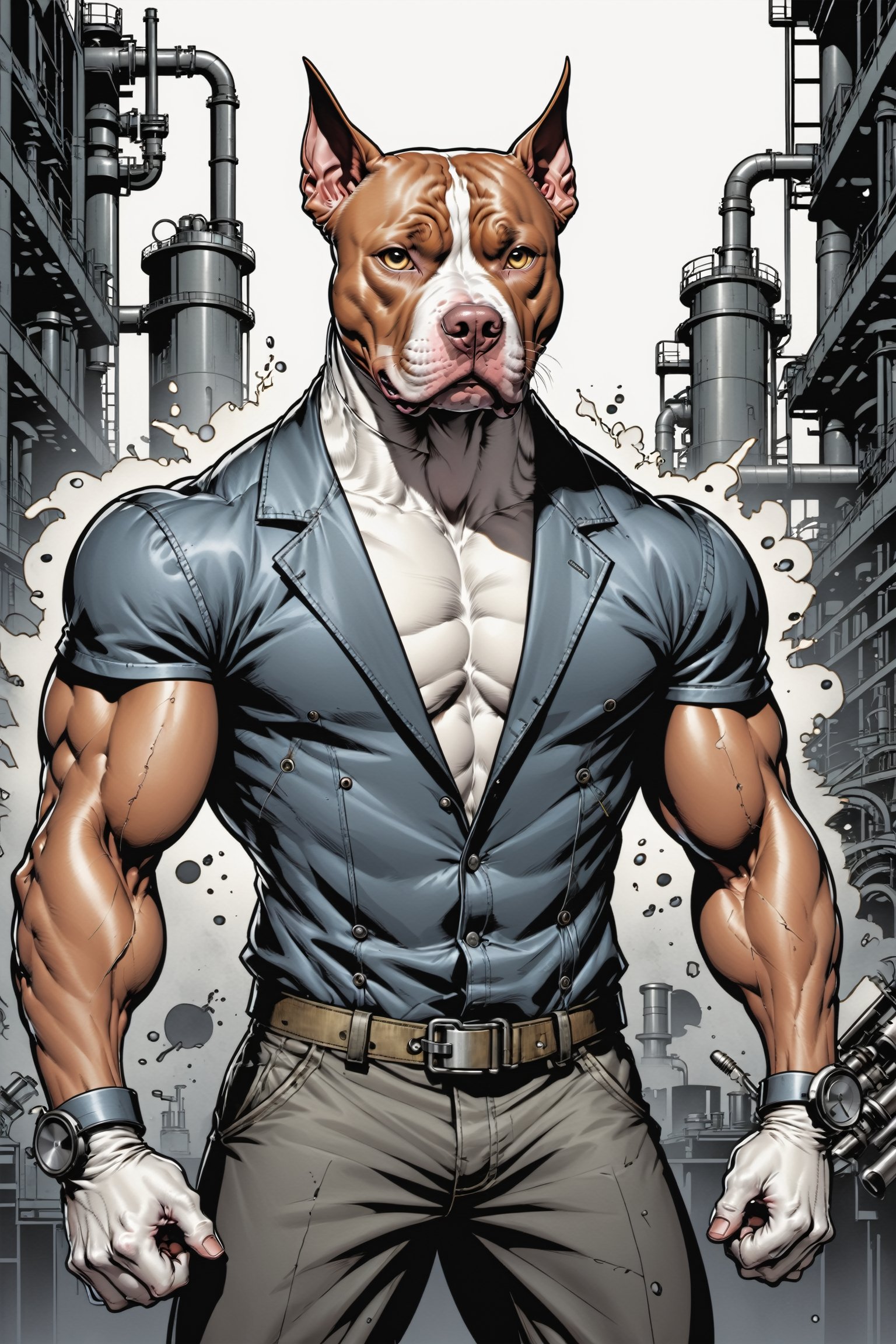 midshot, cel-shading style, centered image, ultra detailed illustration of the comic character ((The Pitbull , ((industrial background)), by Todd McFarlane)), posing, (((Full Body))),  (((it's coloring are White, brown and gray))), ((natural colors)), inkpunk, ink lines, strong outlines, art by MSchiffer, bold traces, unframed, high contrast, cel-shaded, vector, 4k resolution, best quality, (chromatic aberration:1.8