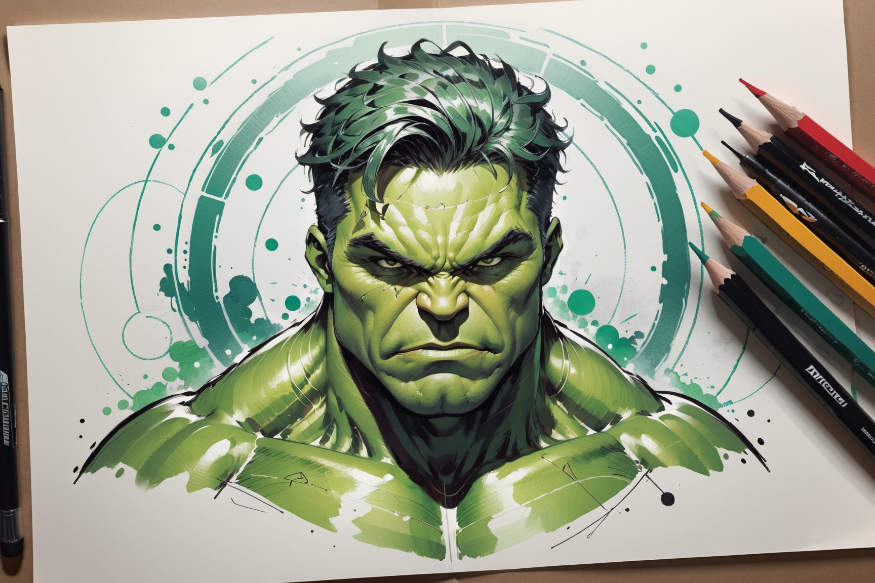 dark, gritty, realistic, mix of bold dark lines and loose lines, bold lines, on paper, turnaround character sheet, a stunningly beautiful (masterpiece, best quality:1.3), (2d:1.3), ink (medium), t-shirt design, White background, Full body, 2D illustration,  ((The Hulk)). bits of color, Sketch book, hand drawn, dark, gritty, realistic sketch, Rough sketch, mix of bold dark lines and loose lines, bold lines, on paper, turnaround character sheet. Close-up of his face, arcane symbols, runes, dark theme, flowing partially braided pale Green hair, handsome, padded leather clothing embroidered with runes, modest, leather rune embroidered boots, (sharp lines), lines of bold ink, strong outlines, bold strokes, high contrast, (professional vector), best quality, flat colors, flat lights, no shadows, low levels, ((geometric shapes)), paint splatters, arcane symbols, runes, dark theme, Perfect composition golden ratio, masterpiece, best quality, 4k, sharp focus. Better hand, perfect anatomy, ((safe for work))