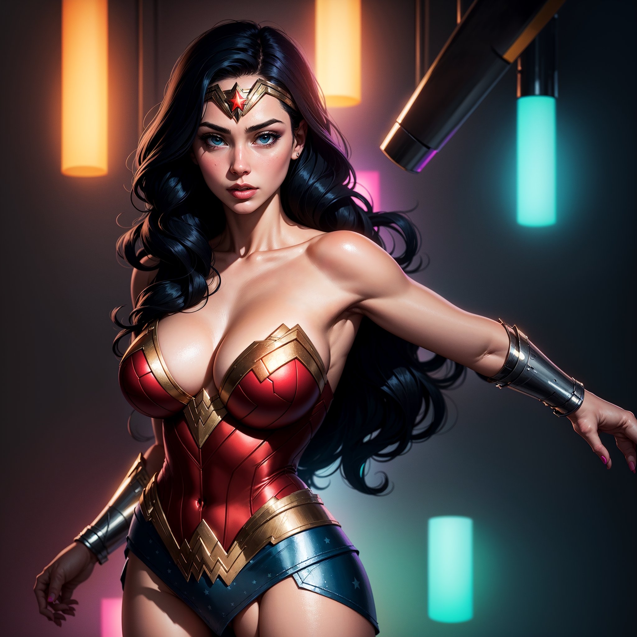 Wonder Woman (big tits) masterpiece, best quality, ((abstract, psychedelic, neon, background)),(creative:1.3), sy3, SMM, fantasy00d