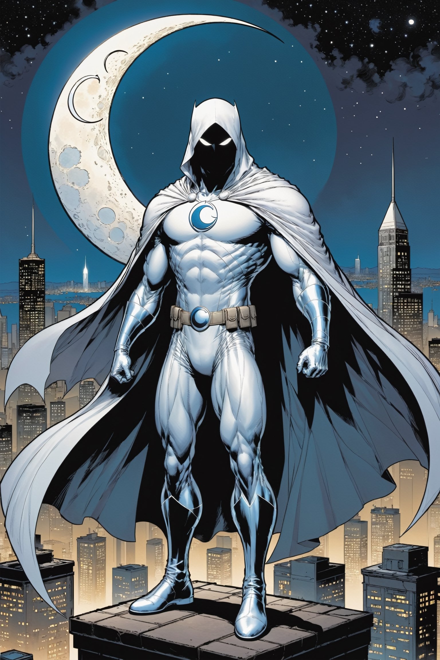 Standing atop a moonlit rooftop, the enigmatic figure known as Moon Knight cuts a striking silhouette against the city skyline. Clad in a suit of White leather, with a hooded cloak, ((adorned with intricate crescent moon motifs)), he exudes an aura of otherworldly power. His muscular physique is accentuated by the tight-fitting suit, which hugs his form like a second skin. A billowing White cape, flows behind him, adding to the air of mystique that surrounds him.

Atop his head rests a hooded cloak and cowl, concealing his features in shadow while his piercing white eyes gleam with an otherworldly intensity. In one hand, he grips a crescent-shaped staff, a versatile weapon capable of both striking down his foes and aiding in his acrobatic feats. On his utility belt, an array of gadgets and tools are holstered, ready to be deployed at a moment's notice.

With an air of silent determination, Moon Knight stands ready to mete out justice upon those who would dare to threaten the innocent, his presence a beacon of hope in the darkness of the night.