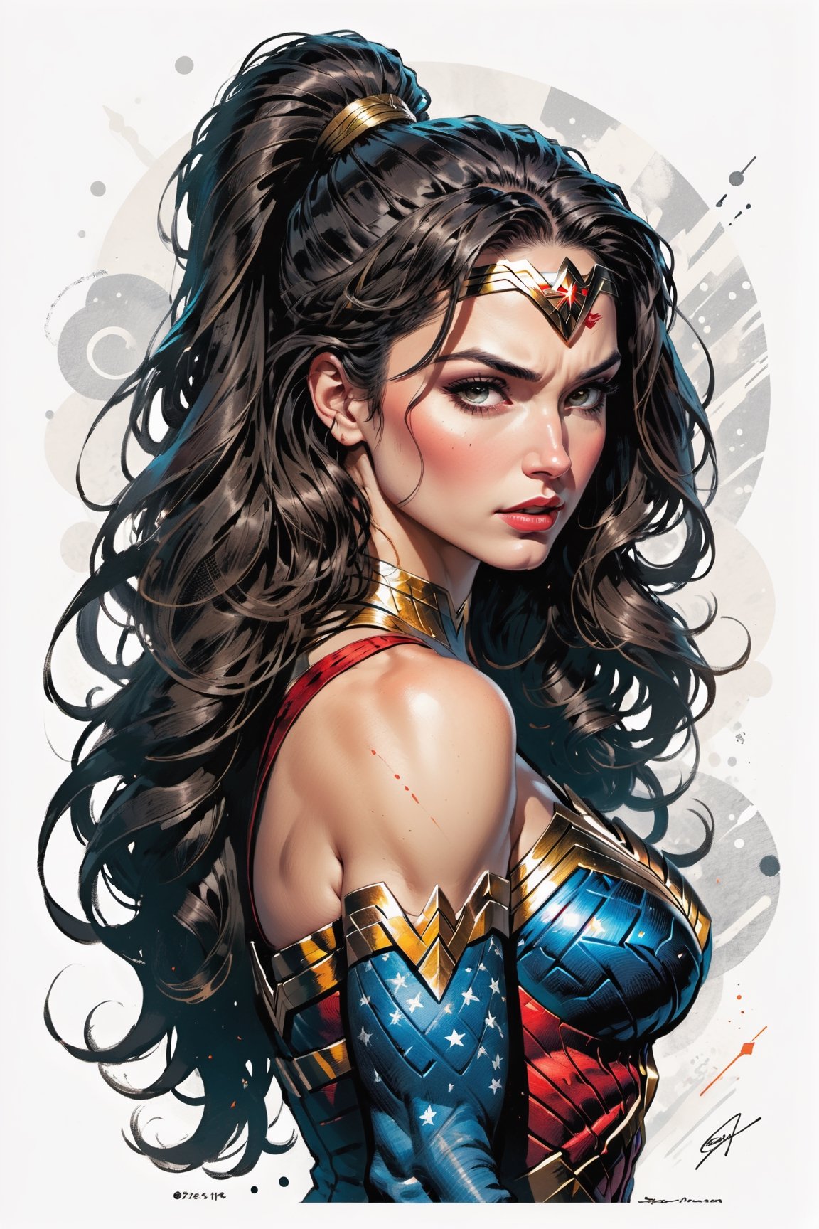 dark, gritty, realistic, mix of bold dark lines and loose lines, bold lines, on paper, turnaround character sheet, a stunningly beautiful (masterpiece, best quality:1.3), (2d:1.3), ink (medium), t-shirt design, White background, Extreme close-up of her face, 2D illustration,  (((Wonder Woman))). bits of color, Sketch book, hand drawn, dark, gritty, realistic sketch, Rough sketch, mix of bold dark lines and loose lines, bold lines, on black paper, turnaround character sheet. Half body, (((View from behind))), ((she is looking over her shoulder)), arcane symbols, runes, dark theme, flowing partially braided Black hair, large long ponytail, (sharp lines), lines of bold ink, strong outlines, bold strokes, high contrast, (professional vector), best quality, flat colors, flat lights, no shadows, low levels, ((geometric shapes)), paint splatters, arcane symbols, runes, dark theme, Perfect composition golden ratio, masterpiece, best quality, 4k, sharp focus. Better hand, perfect anatomy, ((safe for work))