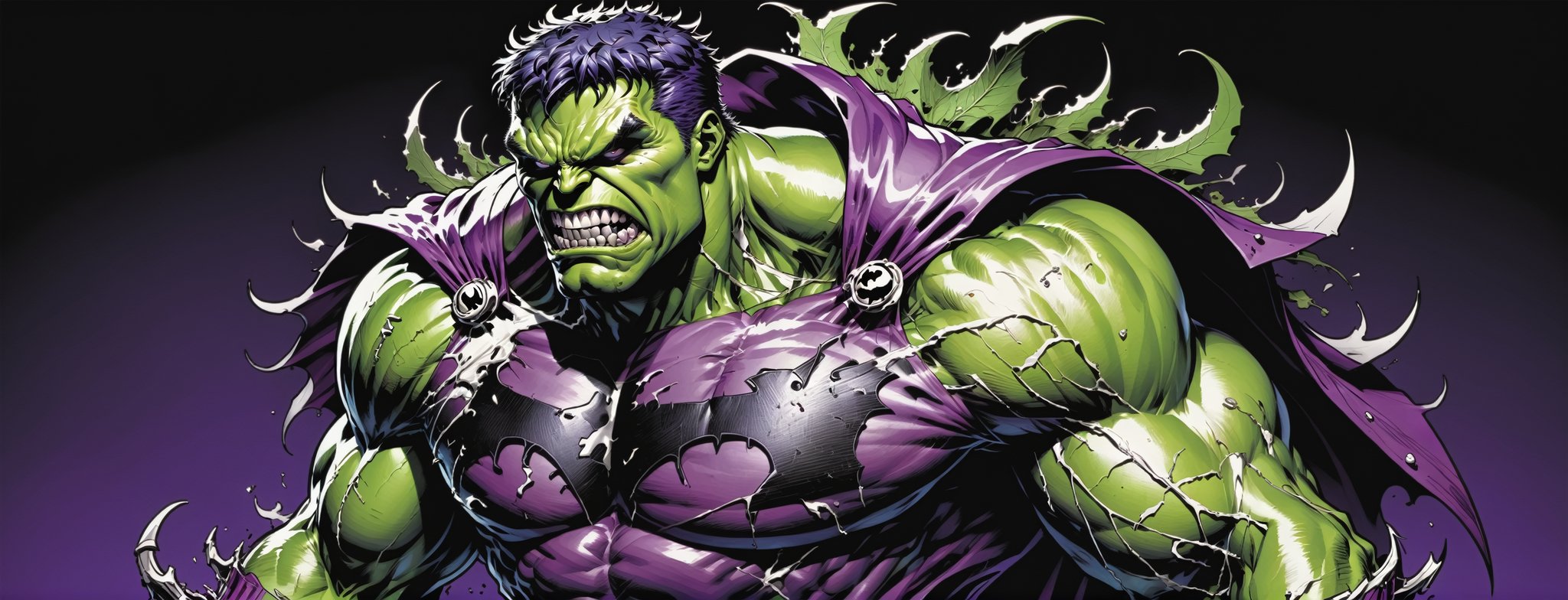 midshot, cel-shading style, centered image, ultra detailed illustration of the comic character ((Spawn Hulk, by Todd McFarlane)),posing, suit with a skull emblem, wearing a purple Cape,  ((Full Body)), (tetradic colors), inkpunk, ink lines, strong outlines, art by MSchiffer, bold traces, unframed, high contrast, cel-shaded, vector, 4k resolution, best quality, (chromatic aberration:1.8)