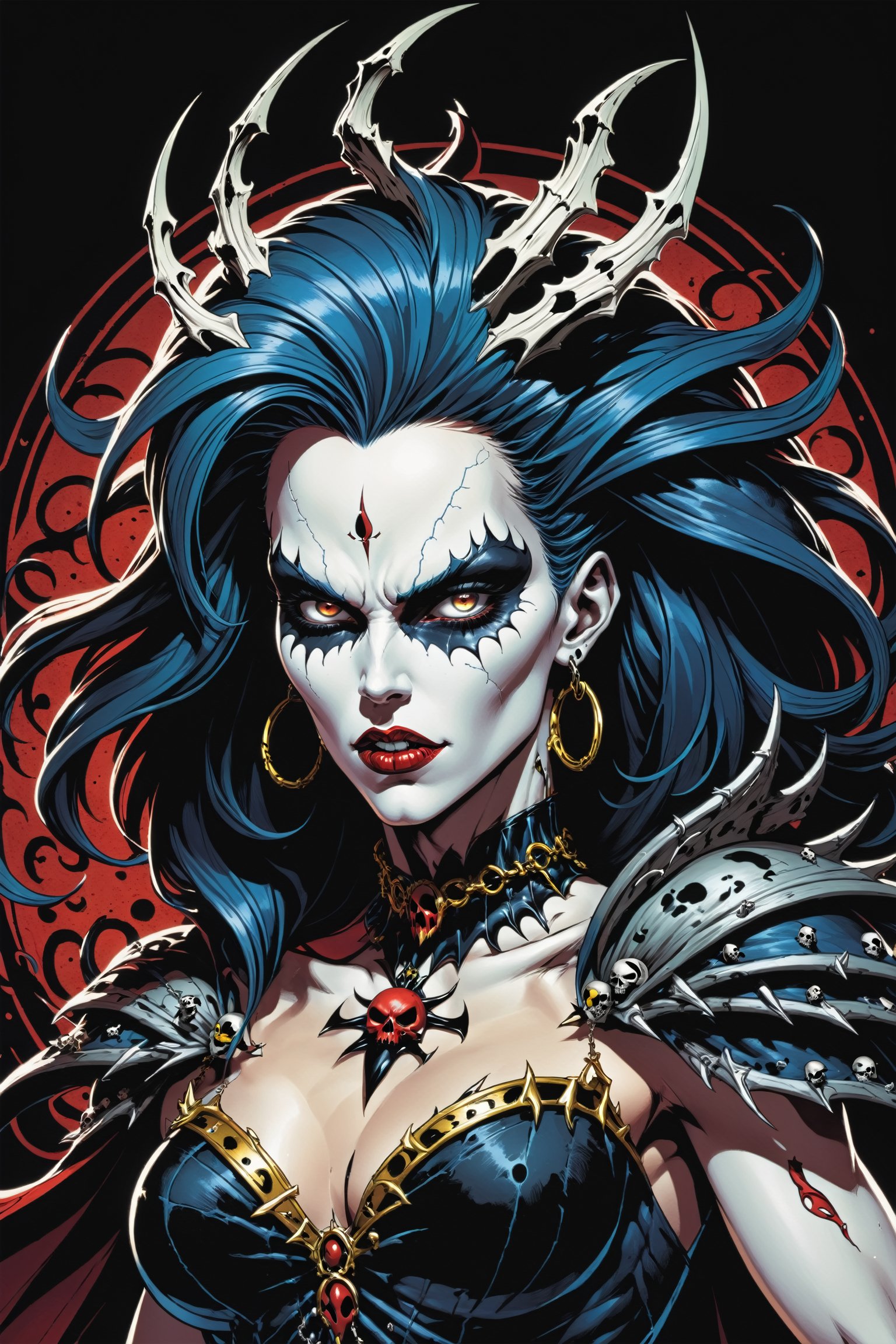 midshot, cel-shading style, centered image, ultra detailed illustration of the comic character ((female Spawn Queen of the Damned by Todd McFarlane)), posing, Black, dress with a skull emblem, ((half Body)), (tetradic colors), inkpunk, ink lines, strong outlines, art by MSchiffer, bold traces, unframed, high contrast, cel-shaded, vector, 4k resolution, best quality, (chromatic aberration:1.8)