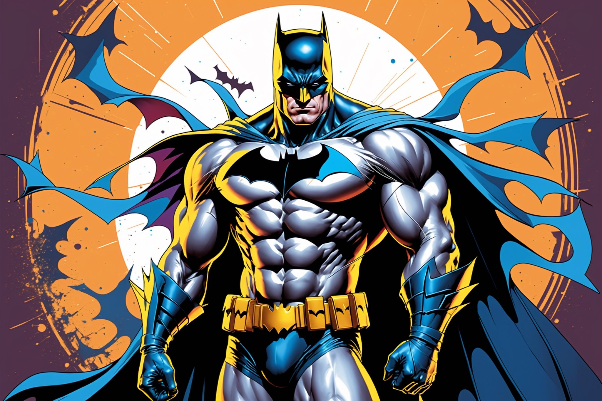 midshot, cel-shading style, centered image, ultra detailed illustration of Batman, posing, ((Full Body)), (tetradic colors), inkpunk, ink lines, strong outlines, art by MSchiffer, bold traces, unframed, high contrast, cel-shaded, vector, 4k resolution, best quality, (chromatic aberration:1.8)