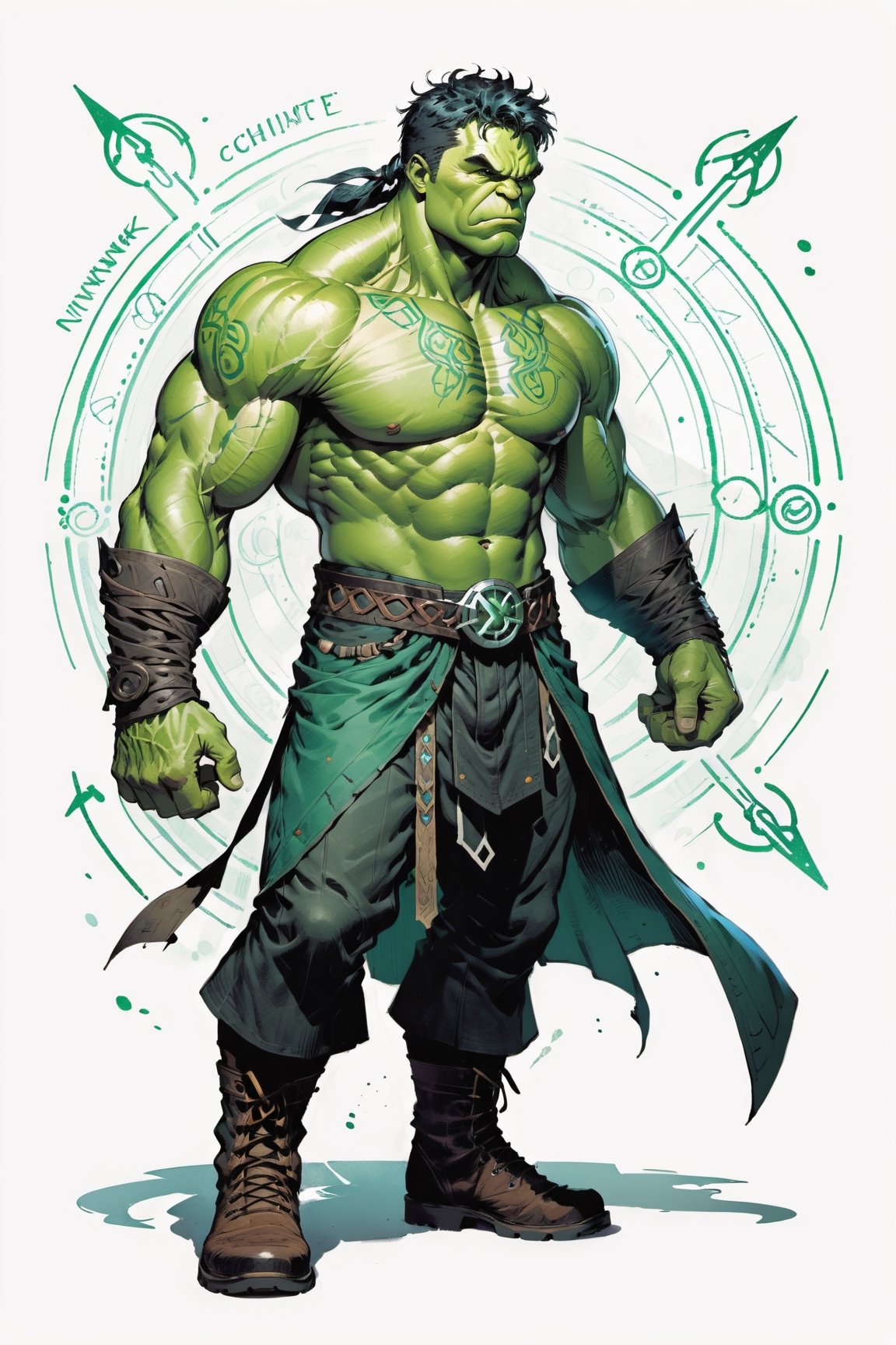 dark, gritty, realistic, mix of bold dark lines and loose lines, bold lines, on paper, turnaround character sheet, a stunningly beautiful (masterpiece, best quality:1.3), (2d:1.3), ink (medium), t-shirt design, White background, Full body, 2D illustration,  ((The Hulk)). bits of color, Sketch book, hand drawn, dark, gritty, realistic sketch, Rough sketch, mix of bold dark lines and loose lines, bold lines, on paper, turnaround character sheet. Full body, arcane symbols, runes, dark theme, flowing partially braided pale Green hair, handsome, padded leather clothing embroidered with runes, modest, leather rune embroidered boots, (sharp lines), lines of bold ink, strong outlines, bold strokes, high contrast, (professional vector), best quality, flat colors, flat lights, no shadows, low levels, ((geometric shapes)), paint splatters, arcane symbols, runes, dark theme, Perfect composition golden ratio, masterpiece, best quality, 4k, sharp focus. Better hand, perfect anatomy, ((safe for work))