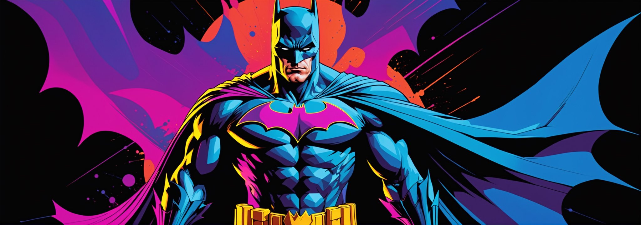 midshot, cel-shading style, centered image, ultra detailed illustration of Batman, posing, ((Full Body)), (tetradic colors), inkpunk, ink lines, strong outlines, art by MSchiffer, bold traces, unframed, high contrast, cel-shaded, vector, 4k resolution, best quality, (chromatic aberration:1.8)