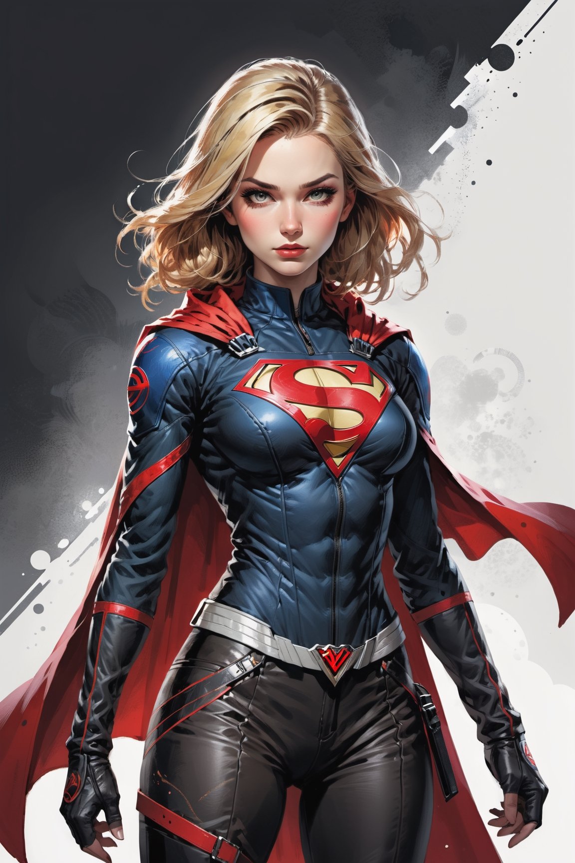 dark, gritty, realistic, mix of bold dark lines and loose lines, bold lines, on paper, turnaround character sheet, a stunningly beautiful (masterpiece, best quality:1.3), (2d:1.3), ink (medium), t-shirt design, White background, ((Half body)),portrait, supergirl, long red cape, outer_space, space hair, levitating, sky, zero gravity, above city, (((View from behind, she is looking over her shoulder))), depth_of_field bits of color, Sketch book, hand drawn, dark, gritty, realistic sketch, Rough sketch, mix of bold dark lines and loose lines, bold lines, Black paper, turnaround character sheet, arcane symbols, runes, dark theme, flowing partially blonde hair, handsome, ((all black padded leather clothing with red accents)), embroidered with runes, modest, black leather pants,  leather rune embroidered boots, (sharp lines), lines of bold ink, strong outlines, bold strokes, high contrast, (professional vector), best quality, flat colors, flat lights, no shadows, low levels, ((geometric shapes)), paint splatters, ((arcane symbols)), runes, dark theme, Perfect composition golden ratio, masterpiece, best quality, 4k, sharp focus. Better hand, perfect anatomy, ((safe for work))