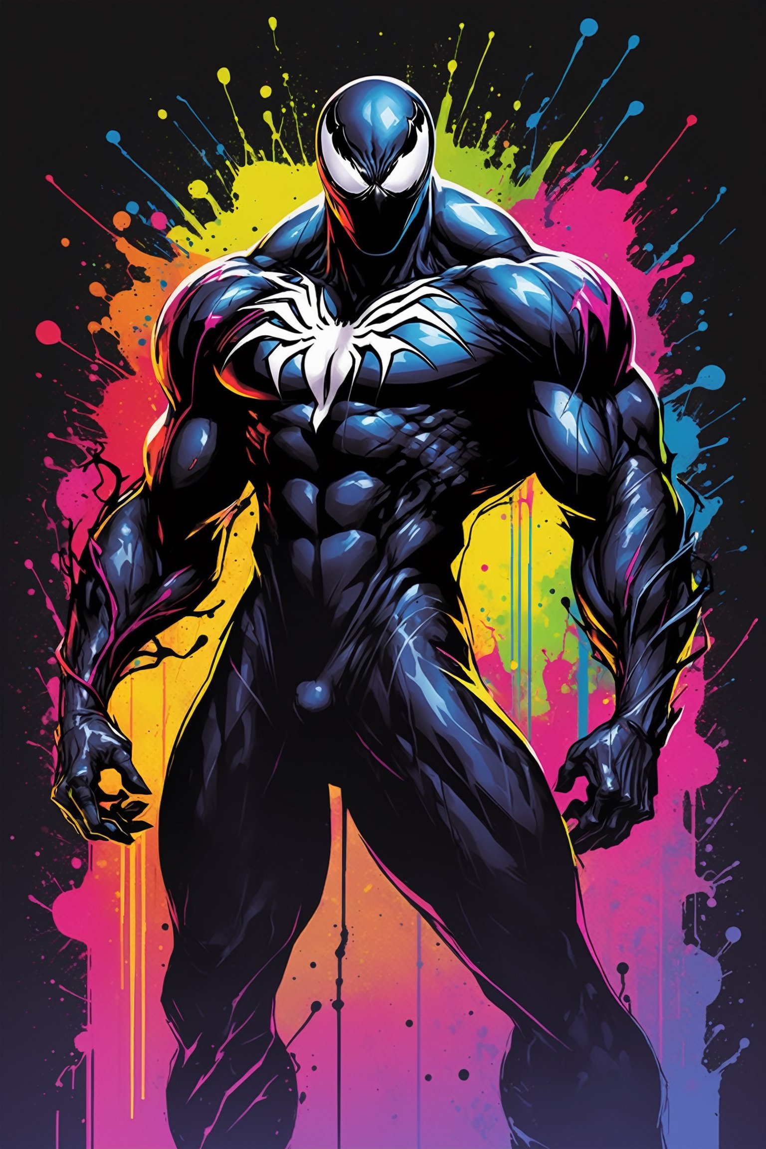 midshot, cel-shading style, centered image, ultra detailed illustration of Venom posing, ((Full Body)), (tetradic colors), ((inkpunk)), ((ink lines)), ink splatter, strong outlines, art by MSchiffer, bold traces, unframed, high contrast, cel-shaded, vector, 4k resolution, best quality, (chromatic aberration:1.8)