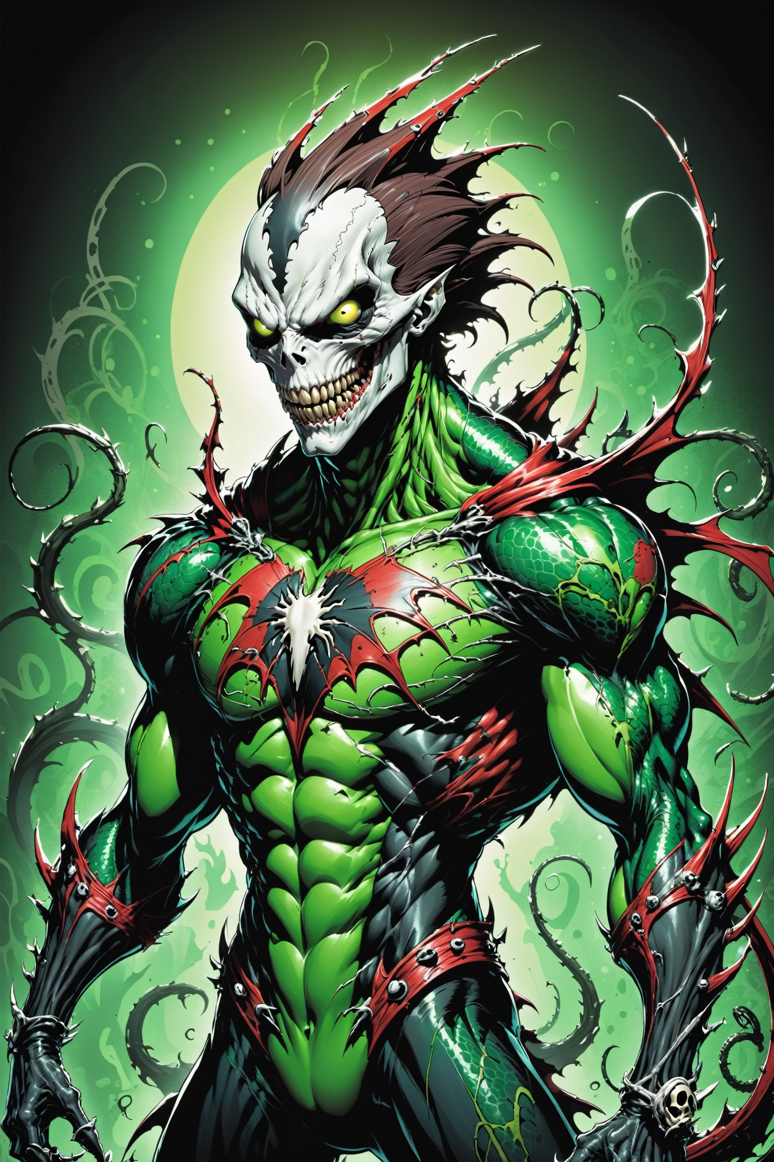 midshot, cel-shading style, centered image, ultra detailed illustration of the comic character ((Spawn lizard, by Todd McFarlane)), posing, green, light green, brown, and black body suit with a skull emblem, ((Full Body)) ,ornate background, (tetradic colors), inkpunk, ink lines, strong outlines, art by MSchiffer, bold traces, unframed, high contrast, cel-shaded, vector, 4k resolution, best quality, (chromatic aberration:1.8)