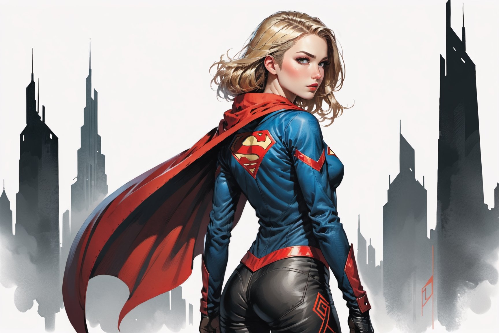 dark, gritty, realistic, mix of bold dark lines and loose lines, bold lines, on paper, turnaround character sheet, a stunningly beautiful (masterpiece, best quality:1.3), (2d:1.3), ink (medium), t-shirt design, White background, ((Half body)),portrait, supergirl, long red cape, outer_space, space hair, levitating, sky, zero gravity, above city, (((View from behind, she is looking over her shoulder))), depth_of_field bits of color, Sketch book, hand drawn, dark, gritty, realistic sketch, Rough sketch, mix of bold dark lines and loose lines, bold lines, Black paper, turnaround character sheet, arcane symbols, runes, dark theme, flowing partially blonde hair, handsome, ((all black padded leather clothing with red accents)), embroidered with runes, modest, black leather pants,  leather rune embroidered boots, (sharp lines), lines of bold ink, strong outlines, bold strokes, high contrast, (professional vector), best quality, flat colors, flat lights, no shadows, low levels, ((geometric shapes)), paint splatters, ((arcane symbols)), runes, dark theme, Perfect composition golden ratio, masterpiece, best quality, 4k, sharp focus. Better hand, perfect anatomy, ((safe for work))