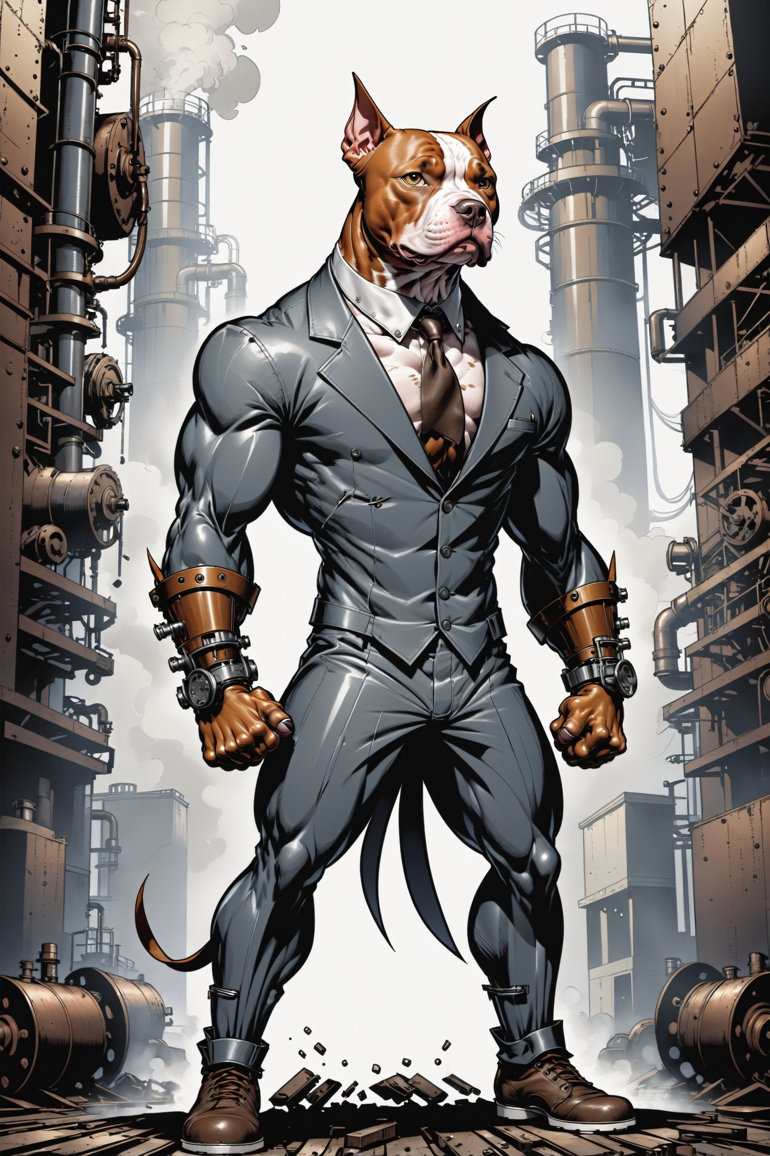 midshot, cel-shading style, centered image, ultra detailed illustration of the comic character ((The Pitbull , ((industrial background)), by Todd McFarlane)), posing, (((Full Body))),  (((it's coloring are White, brown and gray))), ((natural colors)), inkpunk, ink lines, strong outlines, art by MSchiffer, bold traces, unframed, high contrast, cel-shaded, vector, 4k resolution, best quality, (chromatic aberration:1.8