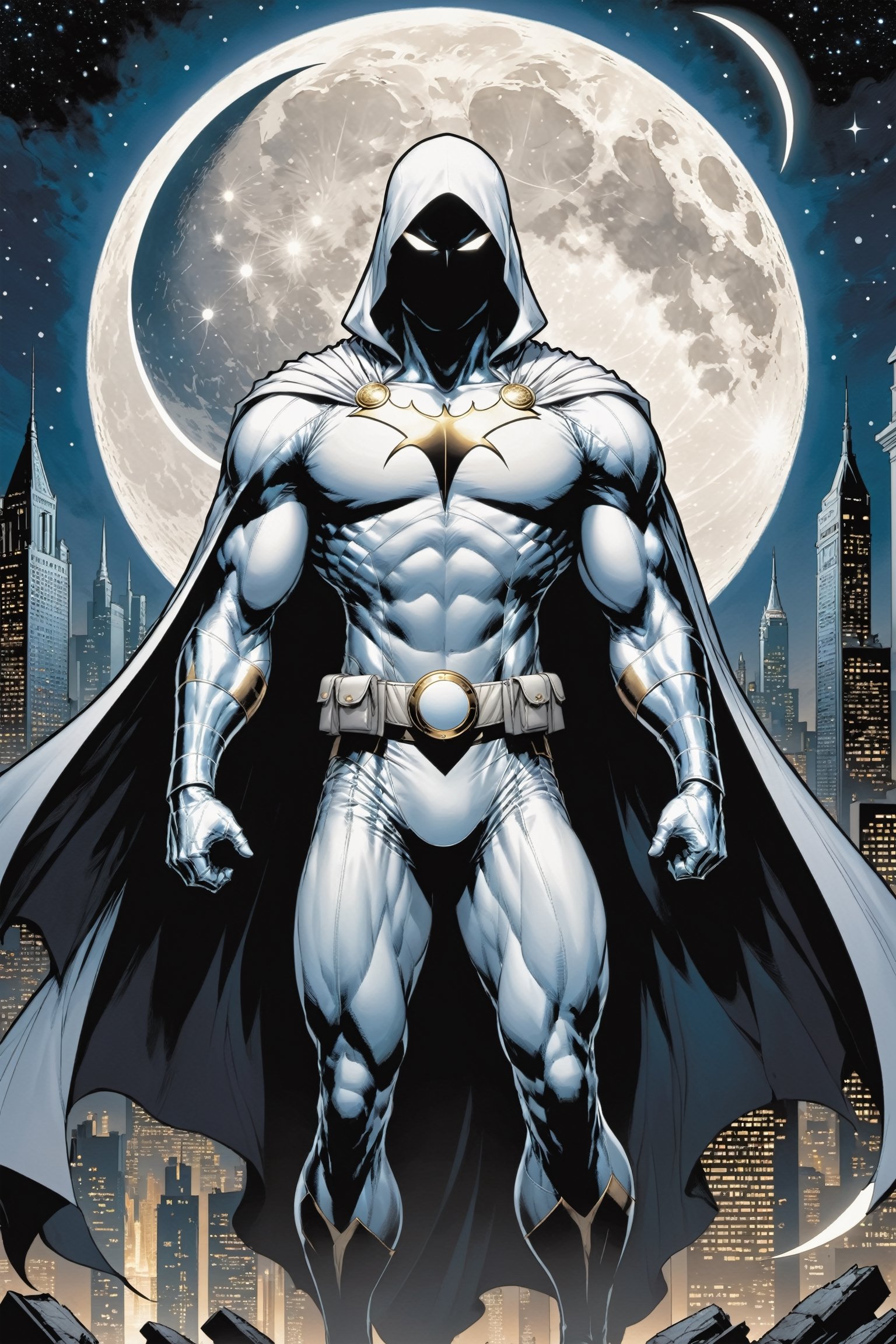 Standing atop a moonlit rooftop, the enigmatic figure known as Moon Knight cuts a striking silhouette against the city skyline. Clad in a suit of White leather, with a hooded cloak, ((adorned with intricate crescent moon motifs)), he exudes an aura of otherworldly power. His muscular physique is accentuated by the tight-fitting suit, which hugs his form like a second skin. A billowing White cape, flows behind him, adding to the air of mystique that surrounds him.

Atop his head rests a hooded cloak and cowl, concealing his features in shadow while his piercing white eyes gleam with an otherworldly intensity. In one hand, he grips a crescent-shaped staff, a versatile weapon capable of both striking down his foes and aiding in his acrobatic feats. On his utility belt, an array of gadgets and tools are holstered, ready to be deployed at a moment's notice.

With an air of silent determination, Moon Knight stands ready to mete out justice upon those who would dare to threaten the innocent, his presence a beacon of hope in the darkness of the night.