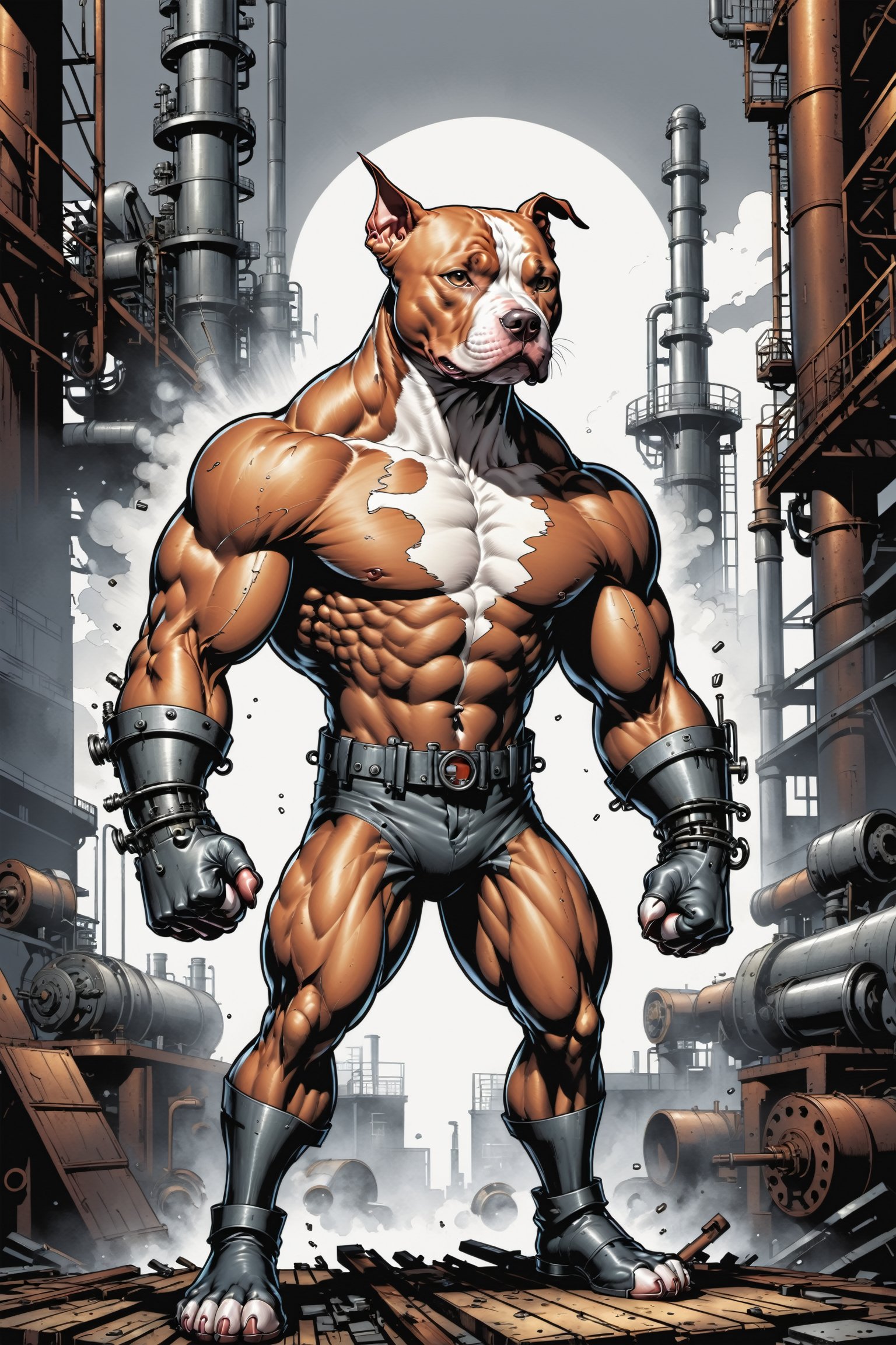 midshot, cel-shading style, centered image, ultra detailed illustration of the comic character ((The Pitbull , ((industrial background)), by Todd McFarlane)), posing, (((Full Body))),  (((it's coloring are White, brown and gray))), ((natural colors)), inkpunk, ink lines, strong outlines, art by MSchiffer, bold traces, unframed, high contrast, cel-shaded, vector, 4k resolution, best quality, (chromatic aberration:1.8