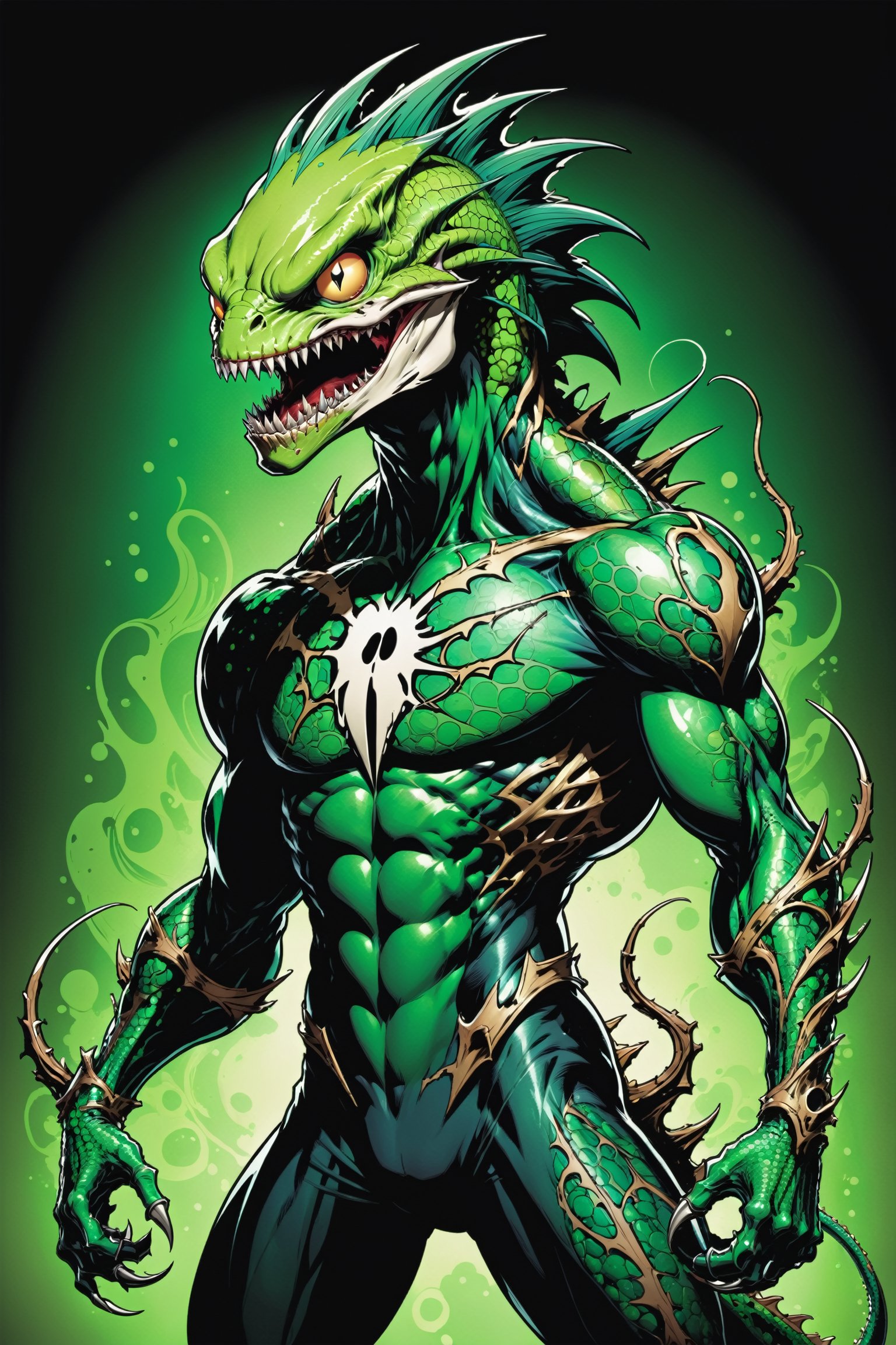 midshot, cel-shading style, centered image, ultra detailed illustration of the comic character ((lizard Spawn by Todd McFarlane)), posing, green, light green, brown, and black body suit with a skull emblem, ((Full Body)) ,ornate background, (tetradic colors), inkpunk, ink lines, strong outlines, art by MSchiffer, bold traces, unframed, high contrast, cel-shaded, vector, 4k resolution, best quality, (chromatic aberration:1.8)