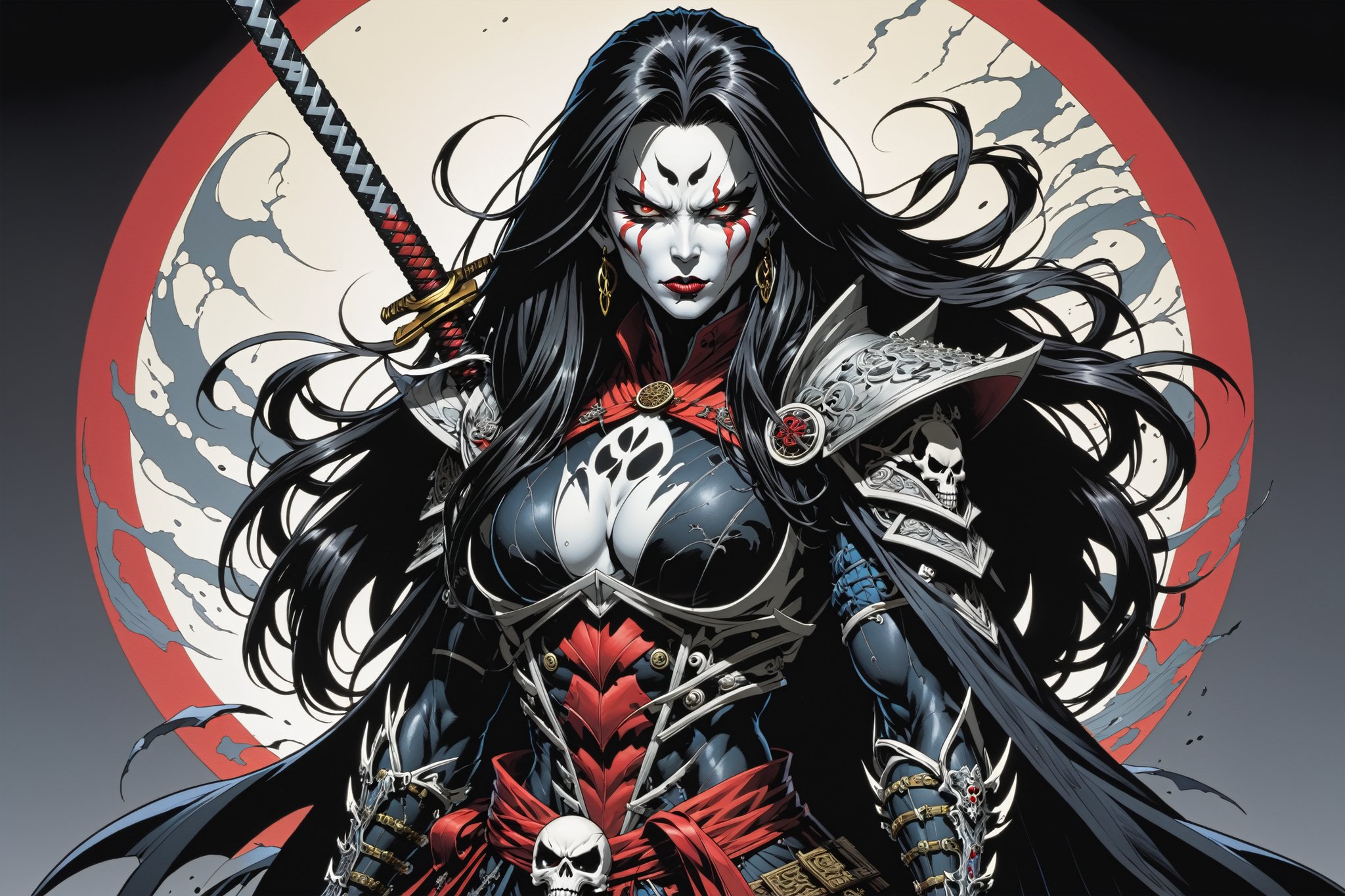 midshot, cel-shading style, centered image, ultra detailed illustration of the comic character ((female Spawn Samurai lady, by Todd McFarlane)), posing, long black long hair, silver and black suit with a skull emblem, long flowing cape,  holding samurai sword, ((Full Body)), (tetradic colors), inkpunk, ink lines, strong outlines, art by MSchiffer, bold traces, unframed, high contrast, cel-shaded, vector, 4k resolution, best quality, (chromatic aberration:1.8)