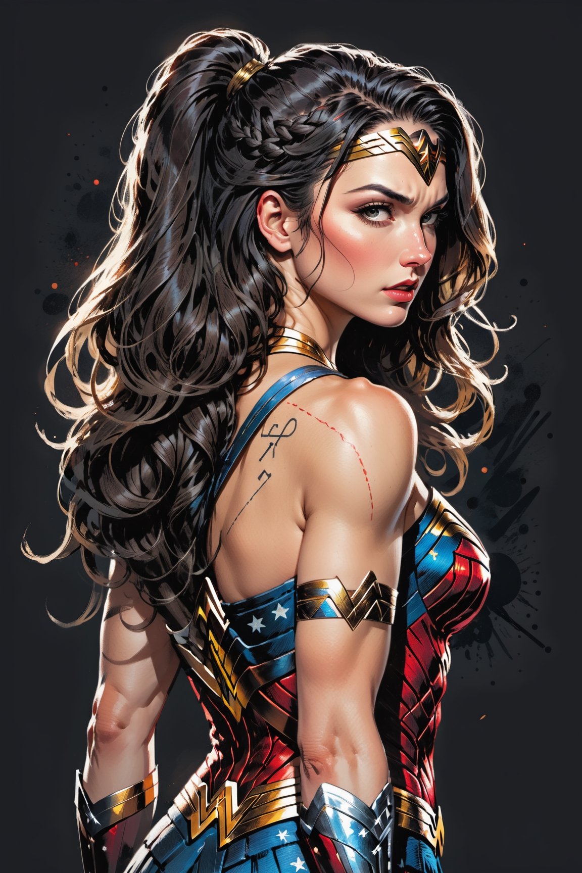 dark, gritty, realistic, mix of bold dark lines and loose lines, bold lines, on paper, turnaround character sheet, a stunningly beautiful (masterpiece, best quality:1.3), (2d:1.3), ink (medium), t-shirt design, White background, Full body, 2D illustration,  (((Wonder Woman))). bits of color, Sketch book, hand drawn, dark, gritty, realistic sketch, Rough sketch, mix of bold dark lines and loose lines, bold lines, on black paper, turnaround character sheet. Half body, (((View from behind))), ((she is looking over her shoulder)), arcane symbols, runes, dark theme, flowing partially braided Black hair, large long ponytail, (sharp lines), lines of bold ink, strong outlines, bold strokes, high contrast, (professional vector), best quality, flat colors, flat lights, no shadows, low levels, ((geometric shapes)), paint splatters, arcane symbols, runes, dark theme, Perfect composition golden ratio, masterpiece, best quality, 4k, sharp focus. Better hand, perfect anatomy, ((safe for work))