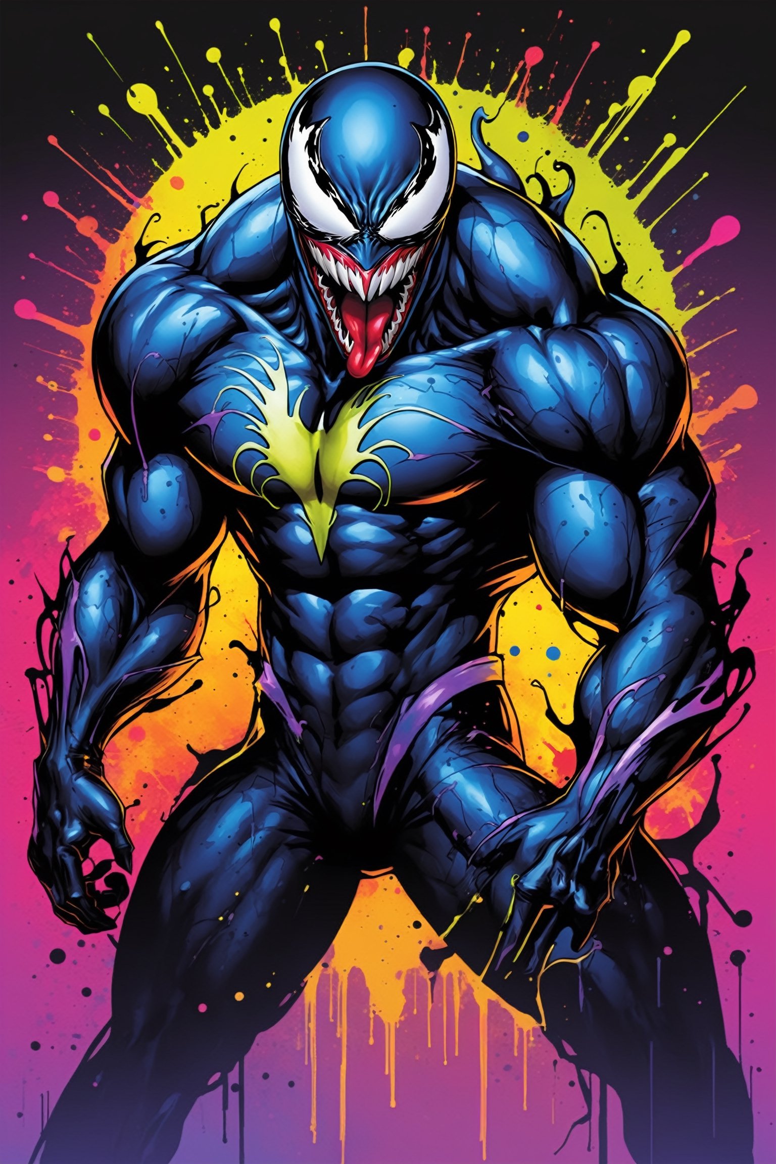 midshot, cel-shading style, centered image, ultra detailed illustration of Venom posing, ((Full Body)), (tetradic colors), ((inkpunk)), ((ink lines)), ink splatter, strong outlines, art by MSchiffer, bold traces, unframed, high contrast, cel-shaded, vector, 4k resolution, best quality, (chromatic aberration:1.8)