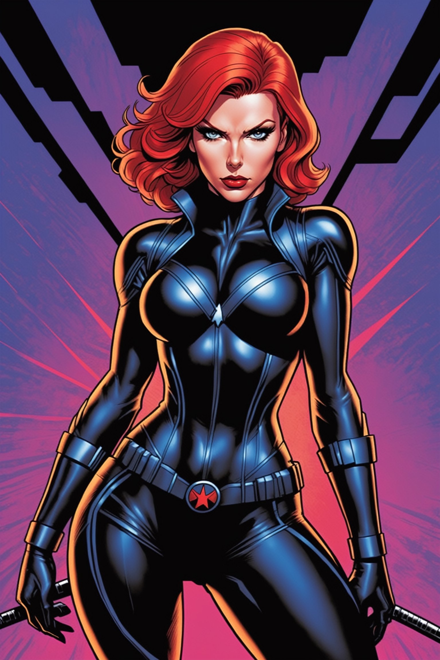 midshot, cel-shading style, centered image, ultra detailed illustration of Black widow, the comic character, posing, (tetradic colors), inkpunk, ink lines, strong outlines, art by MSchiffer, bold traces, unframed, high contrast, cel-shaded, vector, 32k resolution, best quality, (chromatic aberration:1.8)