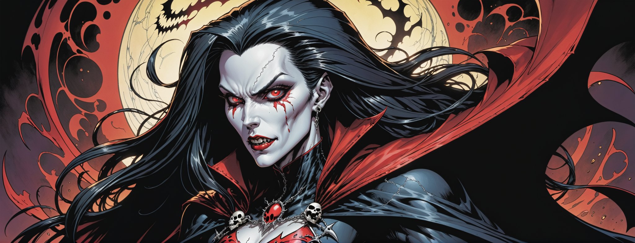 midshot, cel-shading style, centered image, ultra detailed illustration of the comic character ((female Spawn Dracula, by Todd McFarlane)), posing, she has long black hair, black suit with a skull emblem, long flowing cape, ((Half Body)), (tetradic colors), inkpunk, ink lines, strong outlines, art by MSchiffer, bold traces, unframed, high contrast, cel-shaded, vector, 4k resolution, best quality, (chromatic aberration:1.8)