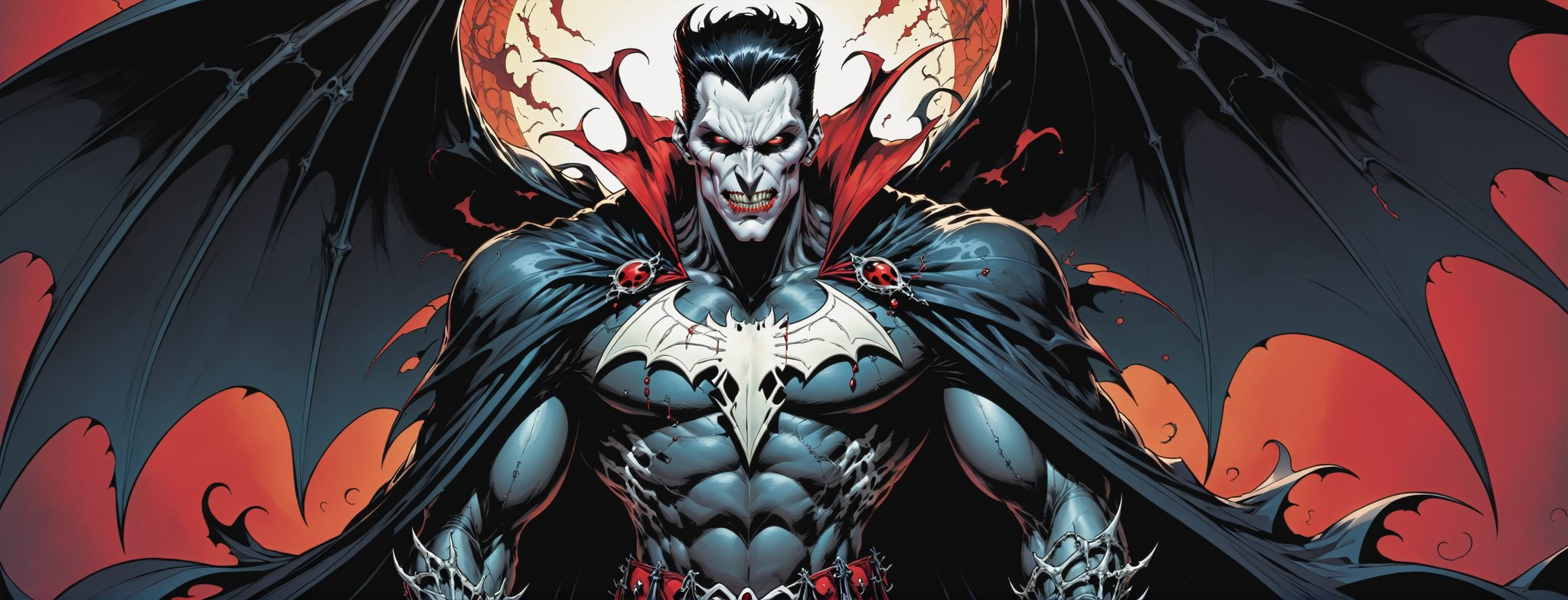 midshot, cel-shading style, centered image, ultra detailed illustration of the comic character ((male Spawn Dracula, by Todd McFarlane)), posing,  he has black  hair, black suit with a skull emblem, long flowing cape, ((Half Body)), (tetradic colors), inkpunk, ink lines, strong outlines, art by MSchiffer, bold traces, unframed, high contrast, cel-shaded, vector, 4k resolution, best quality, (chromatic aberration:1.8)