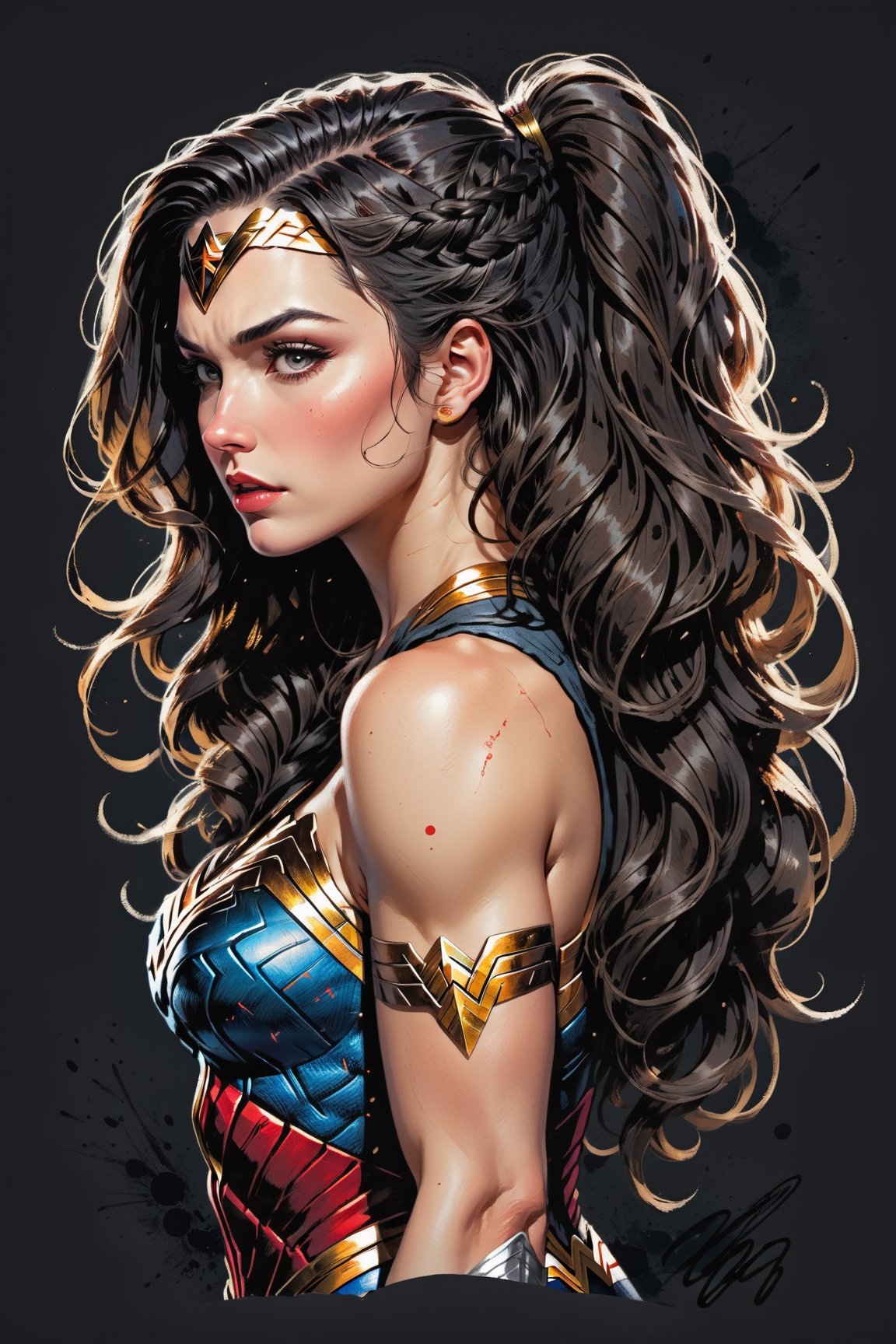 dark, gritty, realistic, mix of bold dark lines and loose lines, bold lines, on paper, turnaround character sheet, a stunningly beautiful (masterpiece, best quality:1.3), (2d:1.3), ink (medium), t-shirt design, White background, Full body, 2D illustration,  (((Wonder Woman))). bits of color, Sketch book, hand drawn, dark, gritty, realistic sketch, Rough sketch, mix of bold dark lines and loose lines, bold lines, on black paper, turnaround character sheet. Half body, (((View from behind))), ((she is looking over her shoulder)), arcane symbols, runes, dark theme, flowing partially braided Black hair, large long ponytail, (sharp lines), lines of bold ink, strong outlines, bold strokes, high contrast, (professional vector), best quality, flat colors, flat lights, no shadows, low levels, ((geometric shapes)), paint splatters, arcane symbols, runes, dark theme, Perfect composition golden ratio, masterpiece, best quality, 4k, sharp focus. Better hand, perfect anatomy, ((safe for work))