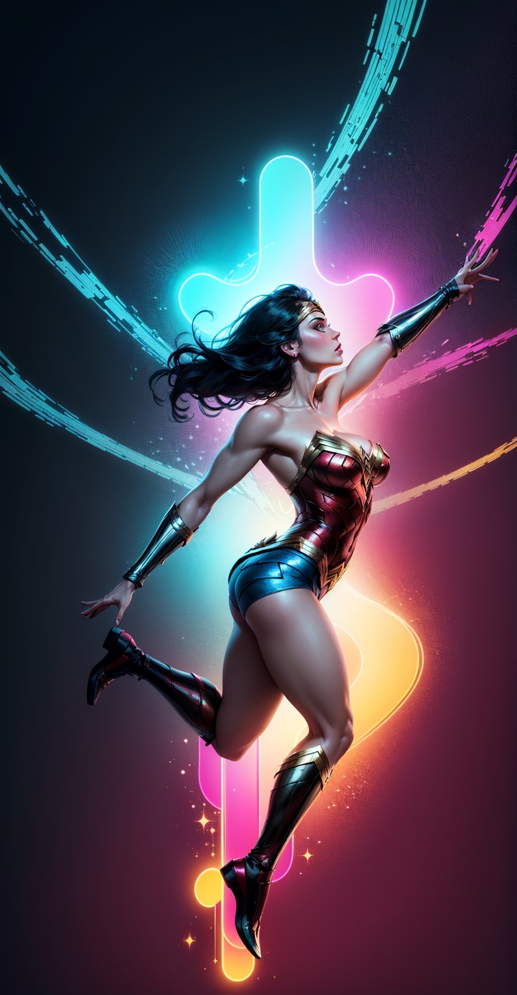 Wonder Woman (big tits),(( side view,)),((full body)),((floating in air)),masterpiece, best quality, ((abstract, psychedelic, neon, background)),(creative:1.3), sy3, SMM, fantasy00d