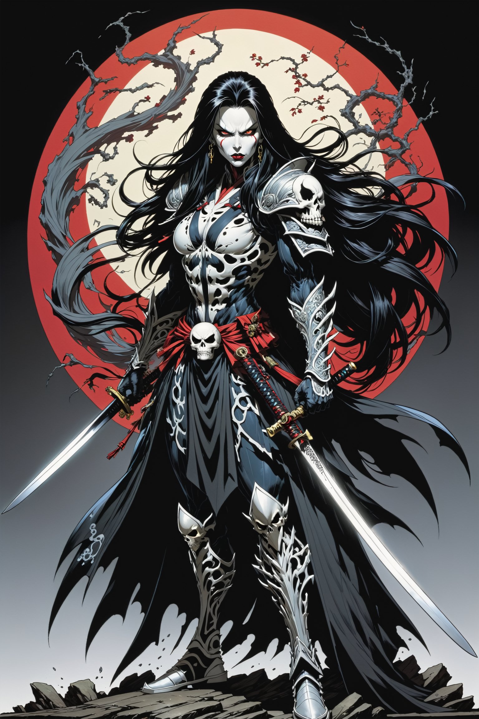 midshot, cel-shading style, centered image, ultra detailed illustration of the comic character ((female Spawn Samurai lady, by Todd McFarlane)), posing, long black long hair, silver and black suit with a skull emblem, long flowing cape,  holding samurai sword, ((Full Body)), (tetradic colors), inkpunk, ink lines, strong outlines, art by MSchiffer, bold traces, unframed, high contrast, cel-shaded, vector, 4k resolution, best quality, (chromatic aberration:1.8)