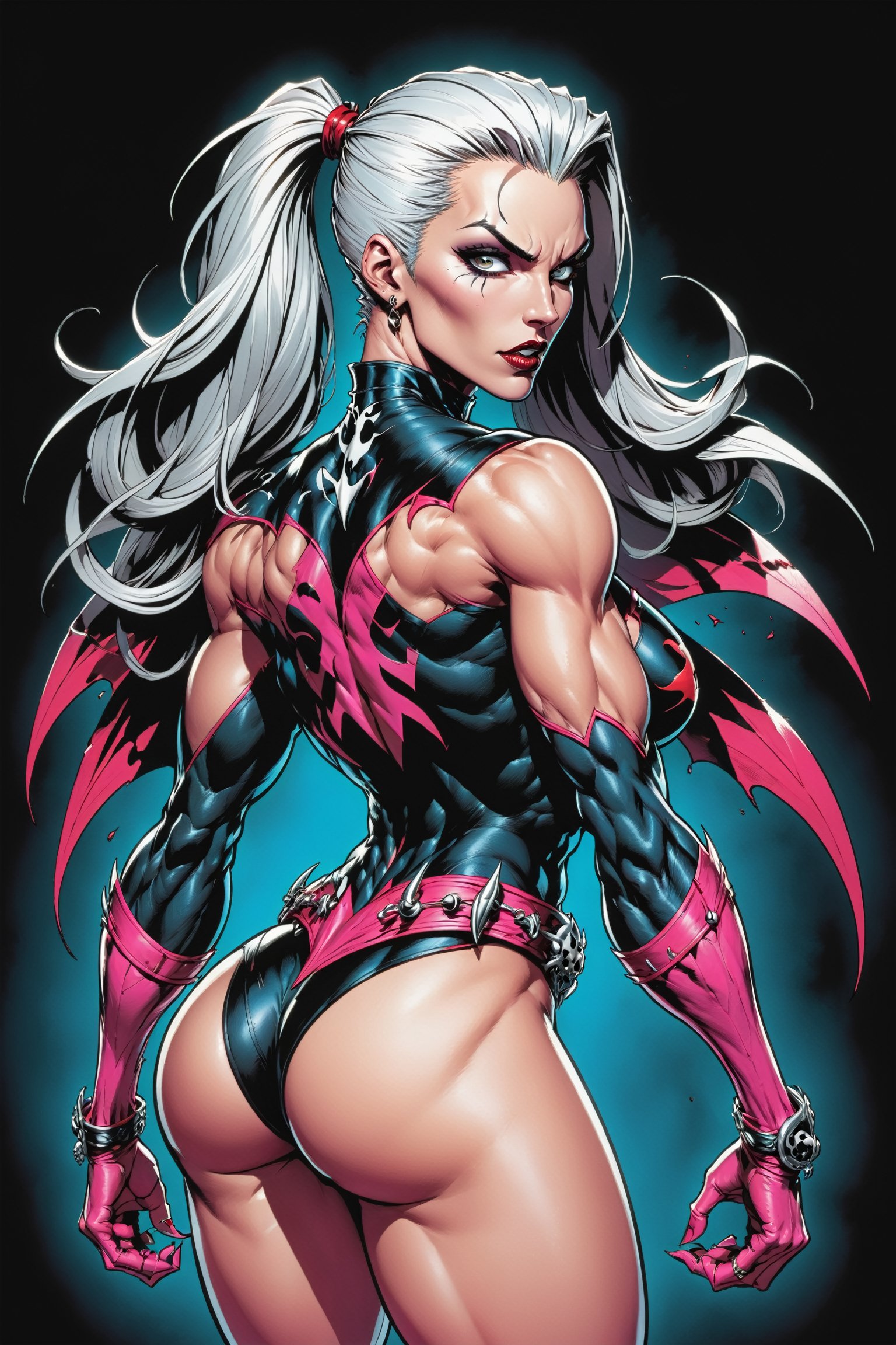 midshot, cel-shading style, centered image, ultra detailed illustration of the comic character ((female Spawn warrior woman, by Todd McFarlane)), posing, extremely muscular overly muscular large breast extremely extremely muscular, black, neon pink, suit with short shorts, with a belt with a skull on it, long white hair in a tall, single ponytail, ((view from Behind she’s looking over her shoulder)),  ((Half Body)), ((view from behind)),  perfect hands, (tetradic colors), inkpunk, ink lines, strong outlines, art by MSchiffer, bold traces, unframed, high contrast, cel-shaded, vector, 4k resolution, best quality, (chromatic aberration:1.8)