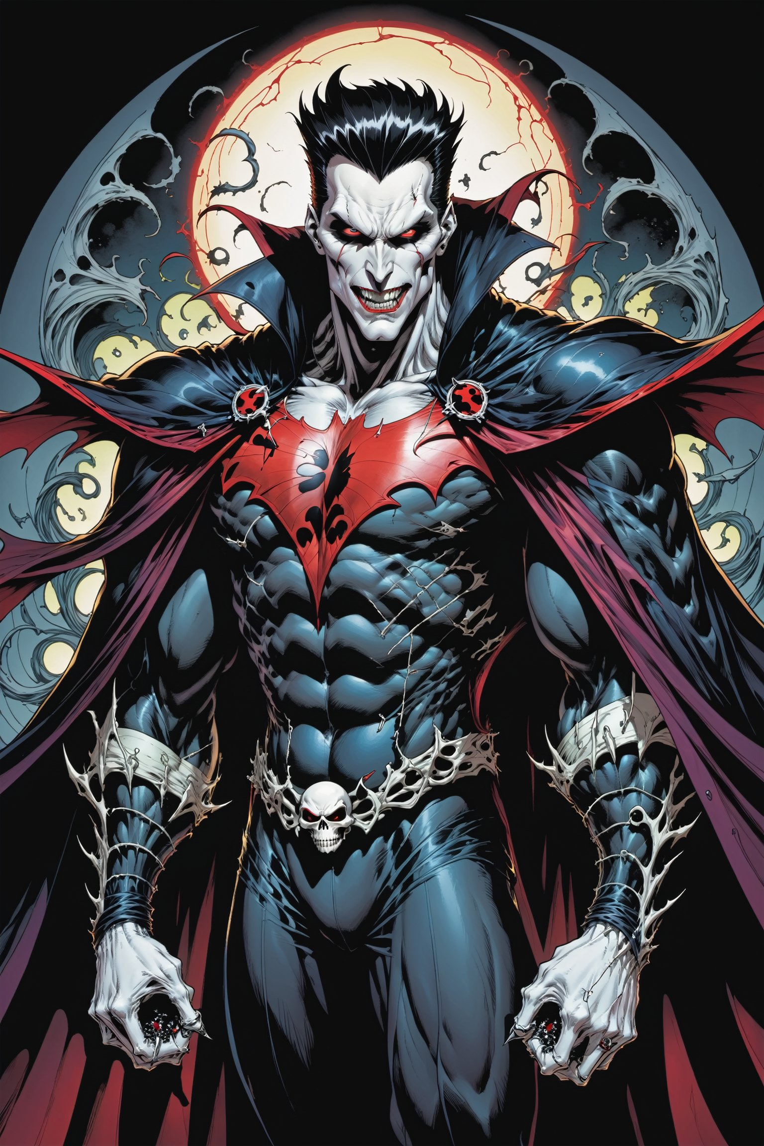 midshot, cel-shading style, centered image, ultra detailed illustration of the comic character ((male Spawn Dracula, by Todd McFarlane)), posing,  he has black  hair, black suit with a skull emblem, long flowing cape, ((Half Body)), (tetradic colors), inkpunk, ink lines, strong outlines, art by MSchiffer, bold traces, unframed, high contrast, cel-shaded, vector, 4k resolution, best quality, (chromatic aberration:1.8)