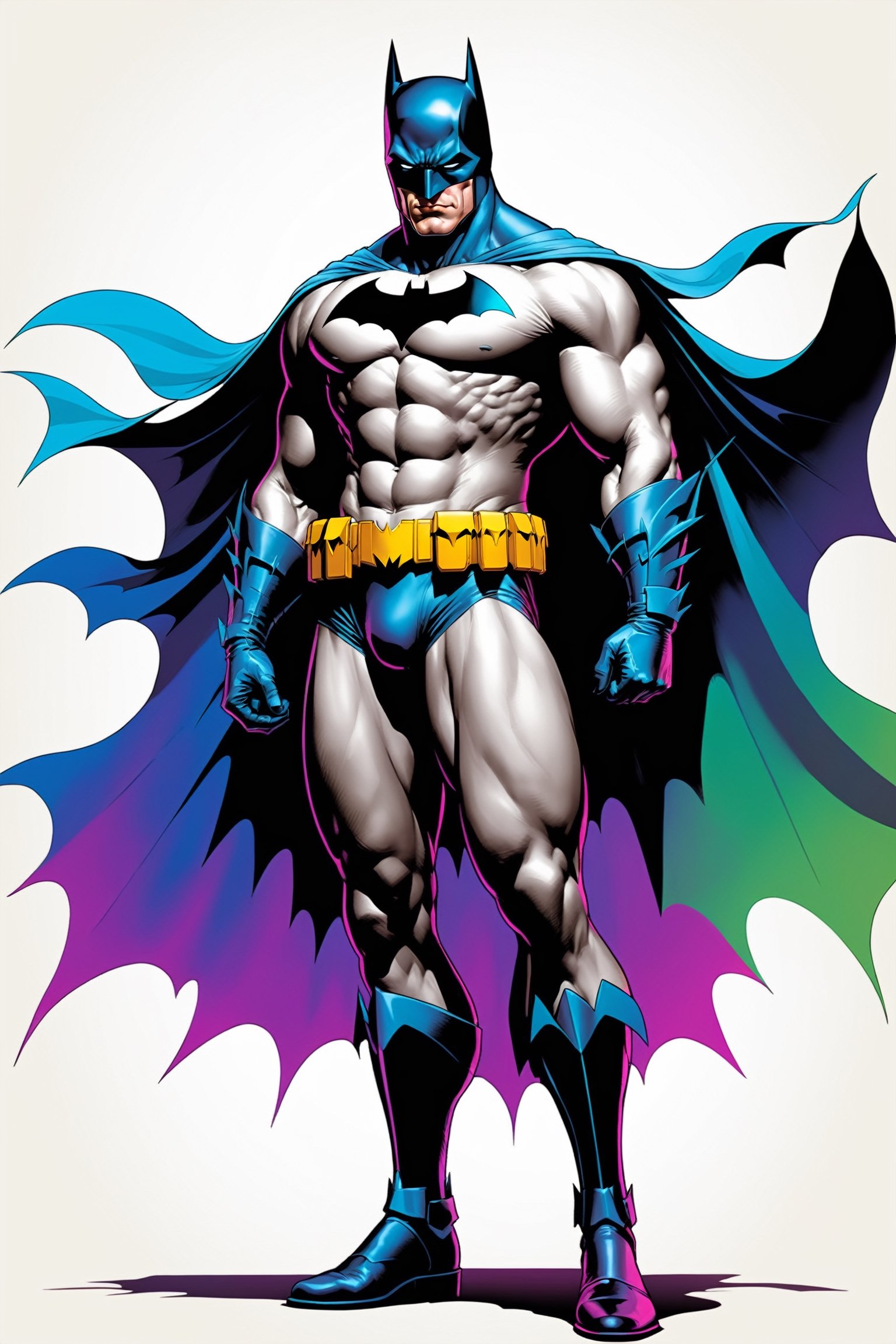 midshot, cel-shading style, centered image, ultra detailed illustration of Batman, posing, ((Full Body)), (tetradic colors), inkpunk, ink lines, strong outlines, art by MSchiffer, bold traces, unframed, high contrast, cel-shaded, vector, 4k resolution, best quality, (chromatic aberration:1.8)