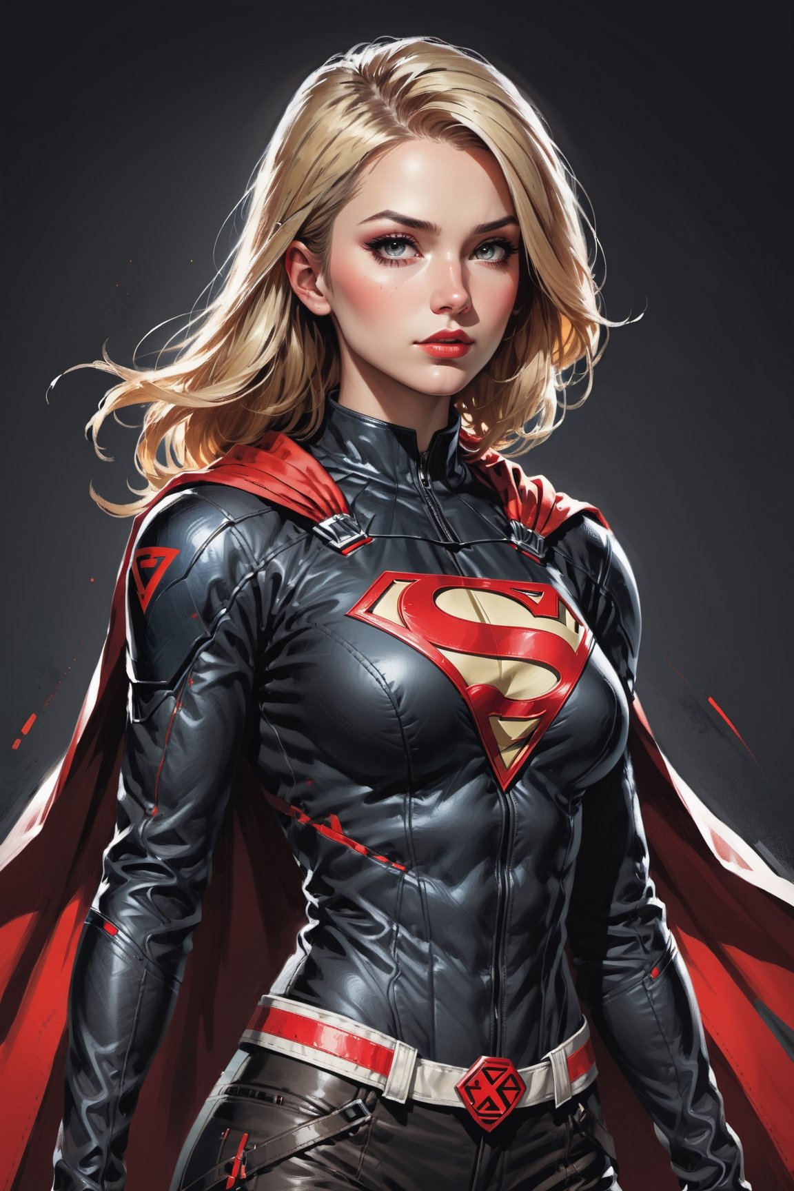 dark, gritty, realistic, mix of bold dark lines and loose lines, bold lines, on paper, turnaround character sheet, a stunningly beautiful (masterpiece, best quality:1.3), (2d:1.3), ink (medium), t-shirt design, White background, ((Half body)),portrait, supergirl, long red cape, outer_space, space hair, levitating, sky, zero gravity, above city, (((View from behind, she is looking over her shoulder))), depth_of_field bits of color, Sketch book, hand drawn, dark, gritty, realistic sketch, Rough sketch, mix of bold dark lines and loose lines, bold lines, Black paper, turnaround character sheet, arcane symbols, runes, dark theme, flowing partially blonde hair, handsome, ((all black padded leather clothing with red accents)), embroidered with runes, modest, black leather pants,  leather rune embroidered boots, (sharp lines), lines of bold ink, strong outlines, bold strokes, high contrast, (professional vector), best quality, flat colors, flat lights, no shadows, low levels, ((geometric shapes)), paint splatters, ((arcane symbols)), runes, dark theme, Perfect composition golden ratio, masterpiece, best quality, 4k, sharp focus. Better hand, perfect anatomy, ((safe for work))