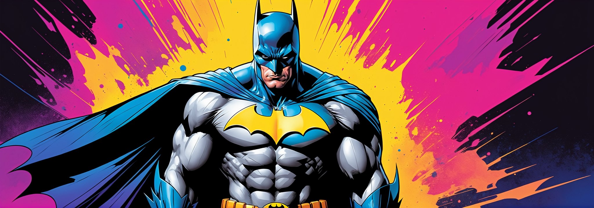 midshot, cel-shading style, centered image, ultra detailed illustration of Batman, posing, ((Full Body)), (tetradic colors), inkpunk, ink lines, strong outlines, art by MSchiffer, bold traces, unframed, high contrast, cel-shaded, vector, 4k resolution, best quality, (chromatic aberration:1.8)