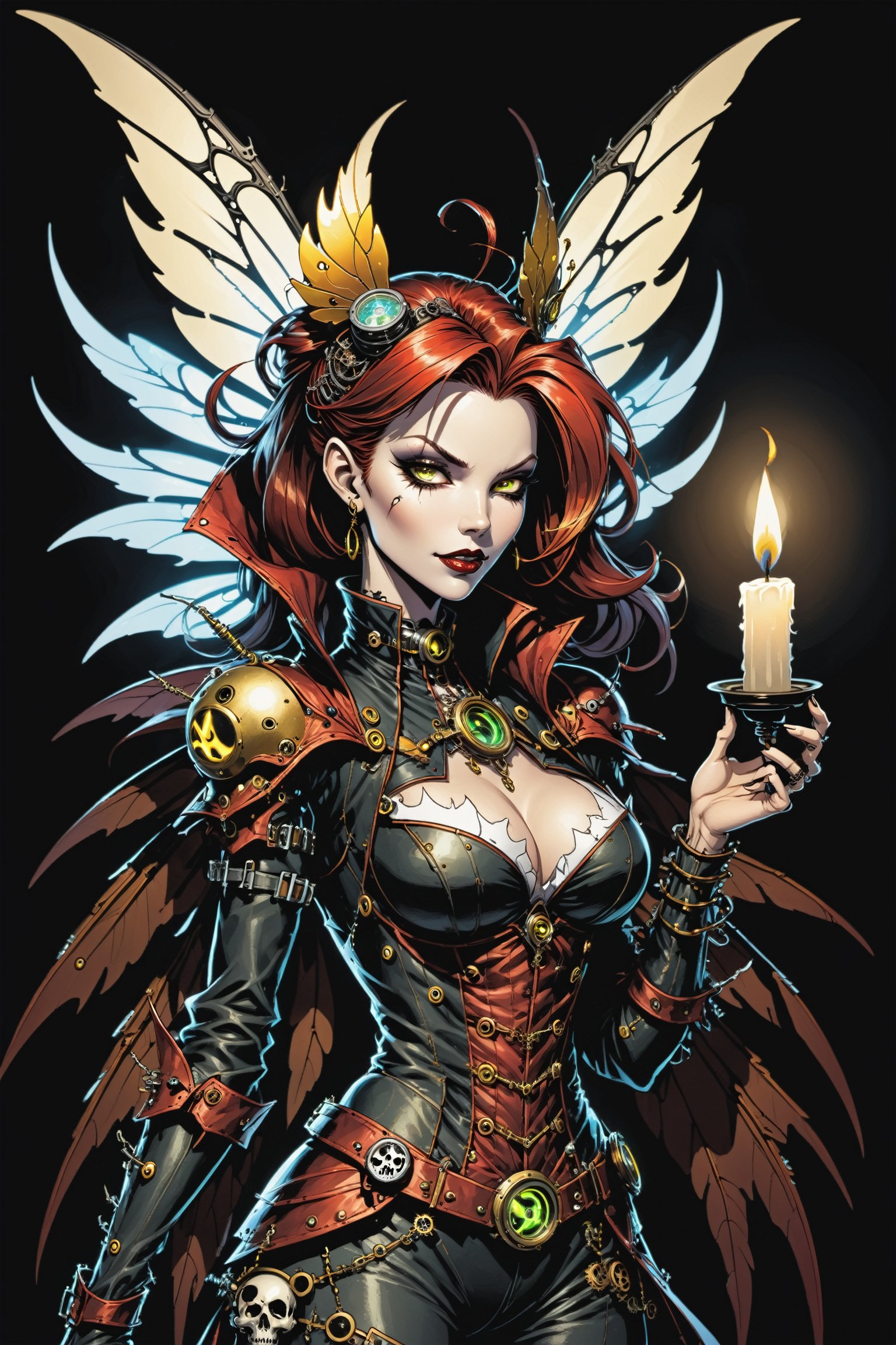 midshot, cel-shading style, centered image, ultra detailed illustration of the comic character ((female Spawn a steampunk faerie, her delicate wings shimmering in the soft glow of candlelight, by Todd McFarlane)), posing, in black and bronze suit with a skull emblem, ((holding a candle in one hand)), ((perfect hands)), ((closed hands)), ((Half Body)), (tetradic colors), inkpunk, ink lines, strong outlines, art by MSchiffer, bold traces, unframed, high contrast, cel-shaded, vector, 4k resolution, best quality, (chromatic aberration:1.8)