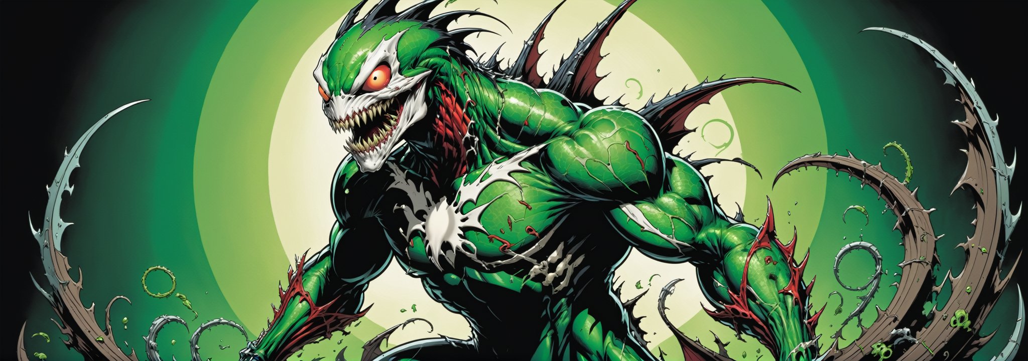 midshot, cel-shading style, centered image, ultra detailed illustration of the comic character ((Spawn lizard, by Todd McFarlane)), posing, green, light green, brown, and black body suit with a skull emblem, ((Full Body)) ,ornate background, (tetradic colors), inkpunk, ink lines, strong outlines, art by MSchiffer, bold traces, unframed, high contrast, cel-shaded, vector, 4k resolution, best quality, (chromatic aberration:1.8)