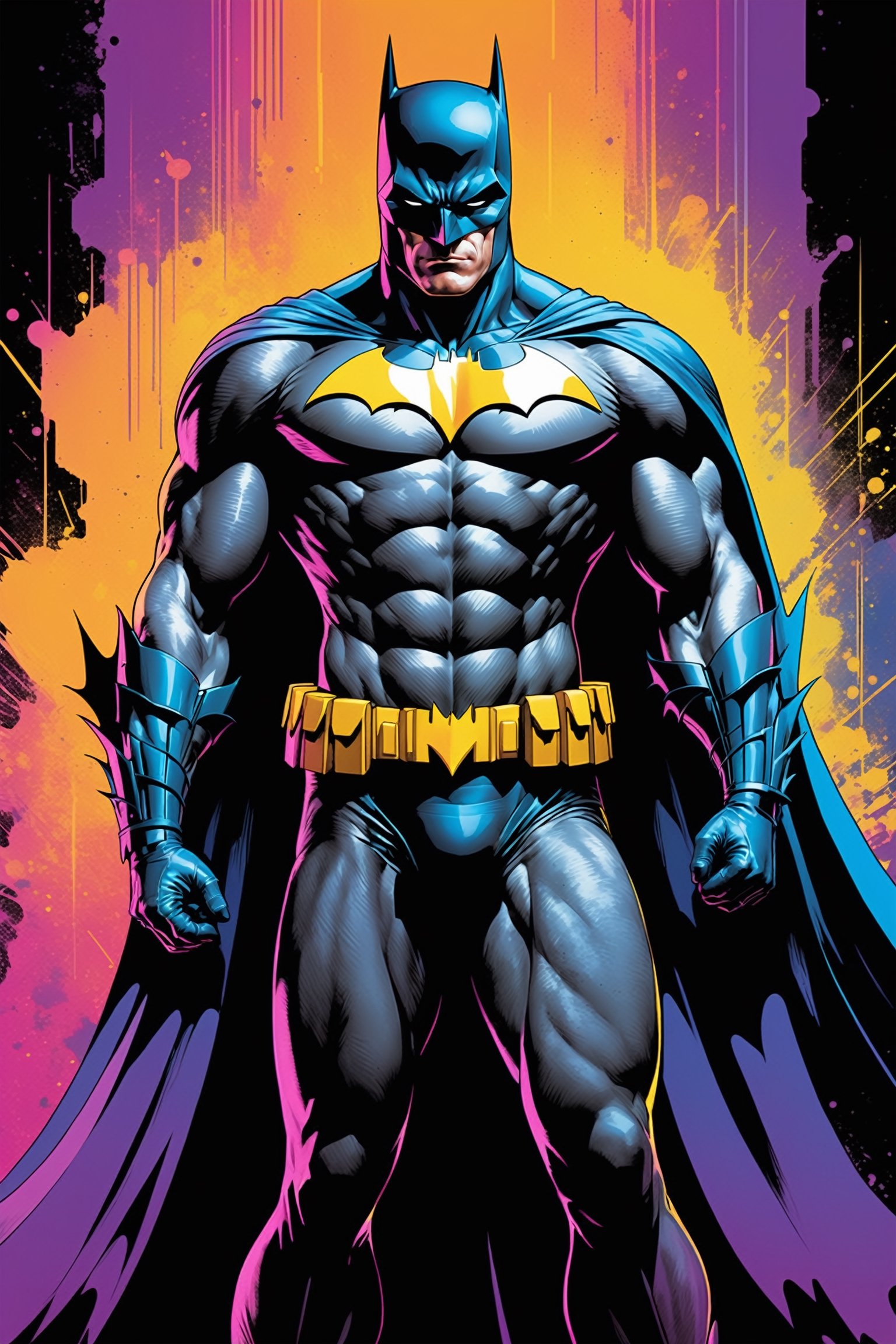 midshot, cel-shading style, centered image, ultra detailed illustration of Batman, posing, ((Full Body)), (tetradic colors), inkpunk, ink lines, strong outlines, art by MSchiffer, bold traces, unframed, high contrast, cel-shaded, vector, 4k resolution, best quality, (chromatic aberration:1.8)