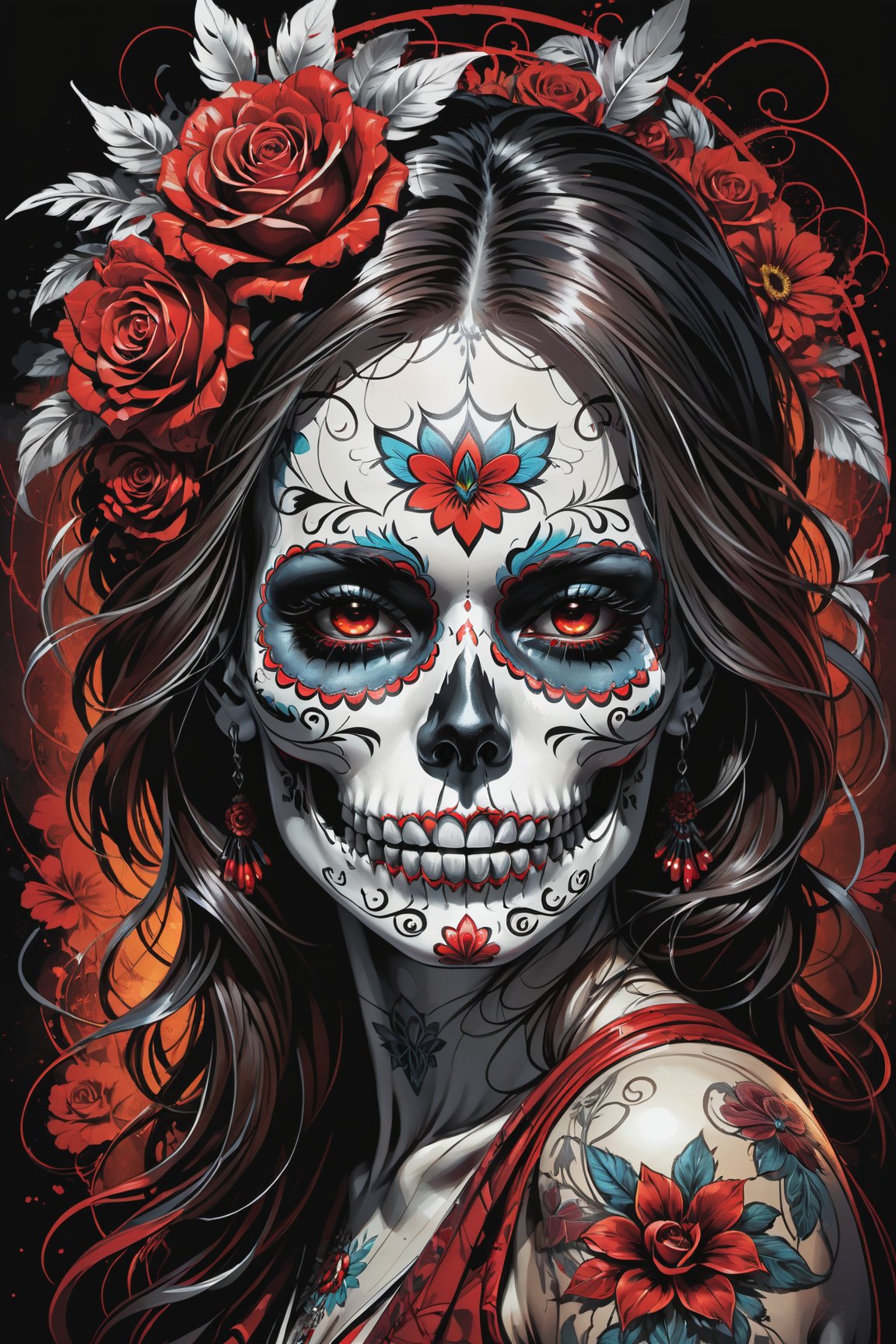 cel-shading style, centered image, ultra detailed illustration of the comic character (( a Very detailed illustration of a ((best quality)), ((masterpiece)), (detailed), mesmerizing, the skull, (((day of the dead art))) by linyu hong, in the style of dark white and red, (((graffiti art))), realistic hyper-detail, intricate composition, monumental murals, silver and red, contemporary chicano(masterpiece, best quality, ultra-detailed) , unsettling atmosphere, high key lighting , vector Black, red, , staGlenn Brown, Carne Griffiths, Alex Ross, artgerm and james jean bangs, by Todd McFarlane)),  (((perfect hands))), (((dark Moody candlelight in the background))), accent of rust, (tetradic colors), inkpunk, ink lines, strong outlines, art by MSchiffer, bold traces, unframed, high contrast, cel-shaded, vector, 4k resolution,