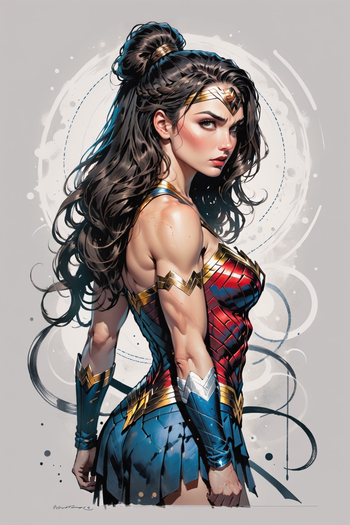 dark, gritty, realistic, mix of bold dark lines and loose lines, bold lines, on paper, turnaround character sheet, a stunningly beautiful (masterpiece, best quality:1.3), (2d:1.3), ink (medium), t-shirt design, White background, Full body, 2D illustration,  (((Wonder Woman))). bits of color, Sketch book, hand drawn, dark, gritty, realistic sketch, Rough sketch, mix of bold dark lines and loose lines, bold lines, on black paper, turnaround character sheet. Half body, (((View from behind))), ((she is looking over her shoulder)), arcane symbols, runes, dark theme, flowing partially braided Black hair, large long ponytail, (sharp lines), lines of bold ink, strong outlines, bold strokes, high contrast, (professional vector), best quality, flat colors, flat lights, no shadows, low levels, ((geometric shapes)), paint splatters, arcane symbols, runes, dark theme, Perfect composition golden ratio, masterpiece, best quality, 4k, sharp focus. Better hand, perfect anatomy, ((safe for work))