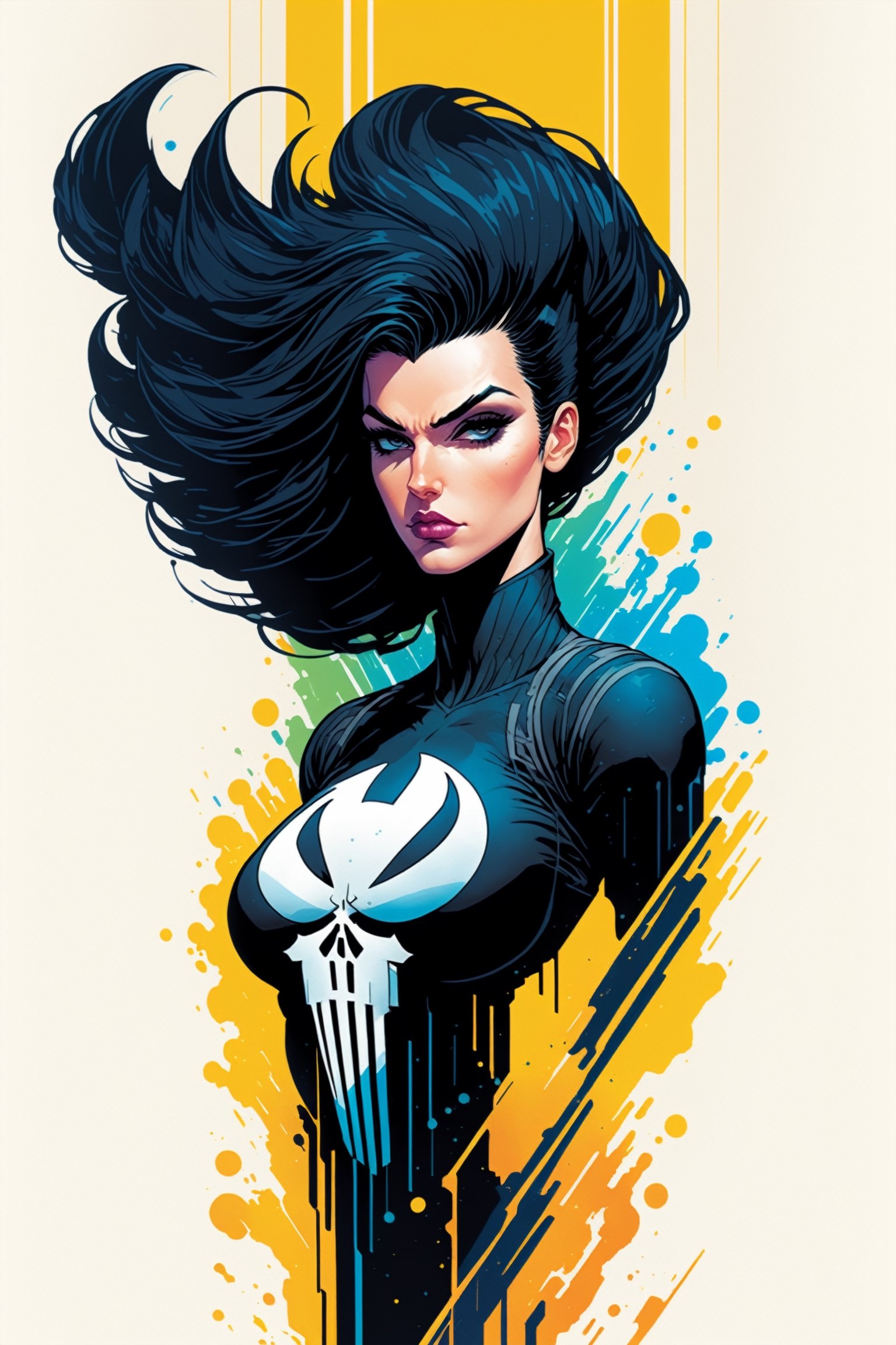 midshot, cel-shading style, centered image, ultra detailed illustration of the comic character, a female Punisher, posing, flowing Maine of black hair, ((Full Body)), (tetradic colors), inkpunk, ink lines, strong outlines, art by MSchiffer, bold traces, unframed, high contrast, cel-shaded, vector, 4k resolution, best quality, (chromatic aberration:1.8)