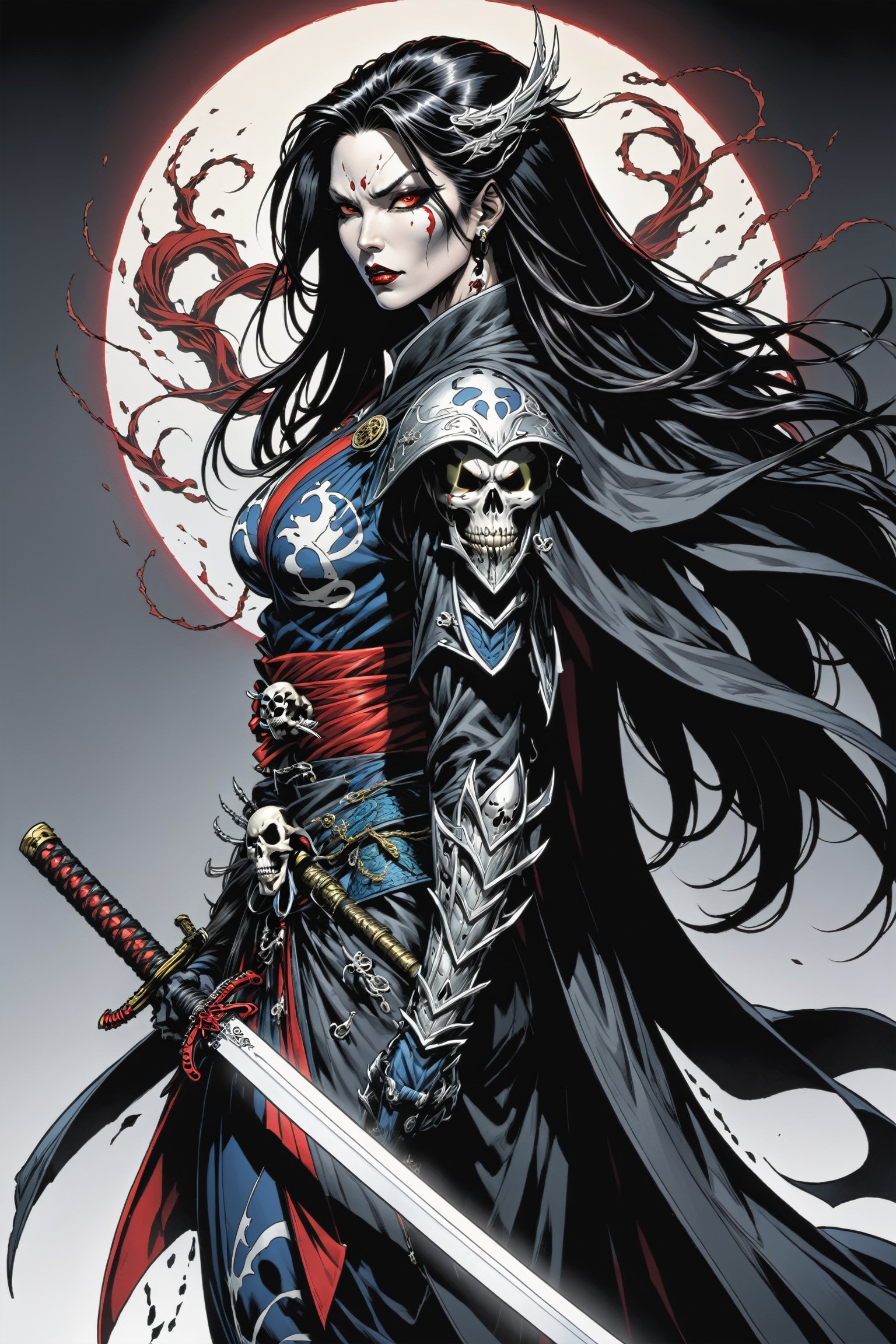 midshot, cel-shading style, centered image, ultra detailed illustration of the comic character ((female Spawn Samurai lady, by Todd McFarlane)), posing, long black long hair, silver and black suit with a skull emblem, long flowing cape,  holding samurai sword, ((view from Behind she’s looking over her shoulder)), ((Full Body)), (tetradic colors), inkpunk, ink lines, strong outlines, art by MSchiffer, bold traces, unframed, high contrast, cel-shaded, vector, 4k resolution, best quality, (chromatic aberration:1.8)