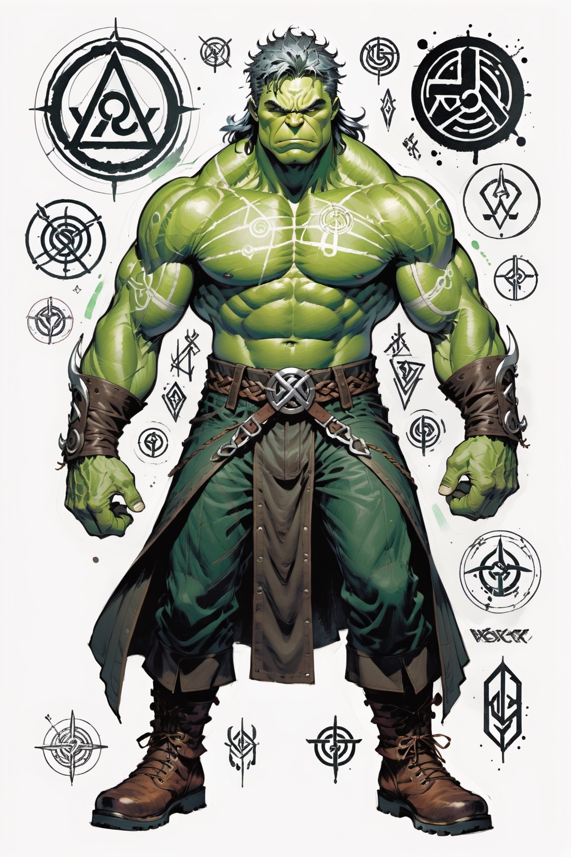 dark, gritty, realistic, mix of bold dark lines and loose lines, bold lines, on paper, turnaround character sheet, a stunningly beautiful (masterpiece, best quality:1.3), (2d:1.3), ink (medium), t-shirt design, White background, Full body, 2D illustration,  ((The Hulk)). bits of color, Sketch book, hand drawn, dark, gritty, realistic sketch, Rough sketch, mix of bold dark lines and loose lines, bold lines, on paper, turnaround character sheet. Close-up of his face, arcane symbols, runes, dark theme, flowing partially braided pale Green hair, handsome, padded leather clothing embroidered with runes, modest, leather rune embroidered boots, (sharp lines), lines of bold ink, strong outlines, bold strokes, high contrast, (professional vector), best quality, flat colors, flat lights, no shadows, low levels, ((geometric shapes)), paint splatters, arcane symbols, runes, dark theme, Perfect composition golden ratio, masterpiece, best quality, 4k, sharp focus. Better hand, perfect anatomy, ((safe for work))