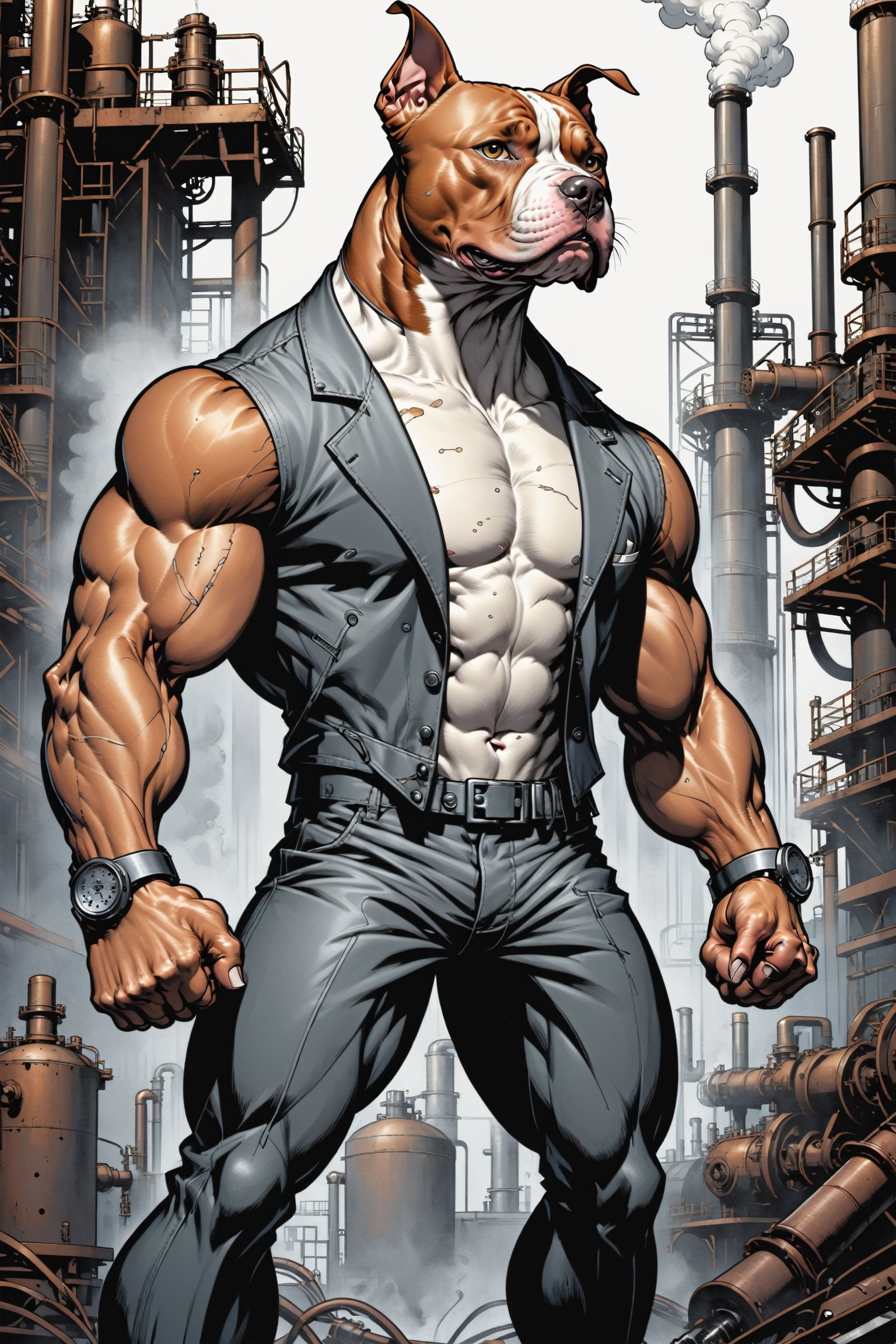 midshot, cel-shading style, centered image, ultra detailed illustration of the comic character ((The Pitbull , ((industrial background)), by Todd McFarlane)), posing, (((Full Body))),  (((it's coloring are White, brown and gray))), ((natural colors)), inkpunk, ink lines, strong outlines, art by MSchiffer, bold traces, unframed, high contrast, cel-shaded, vector, 4k resolution, best quality, (chromatic aberration:1.8