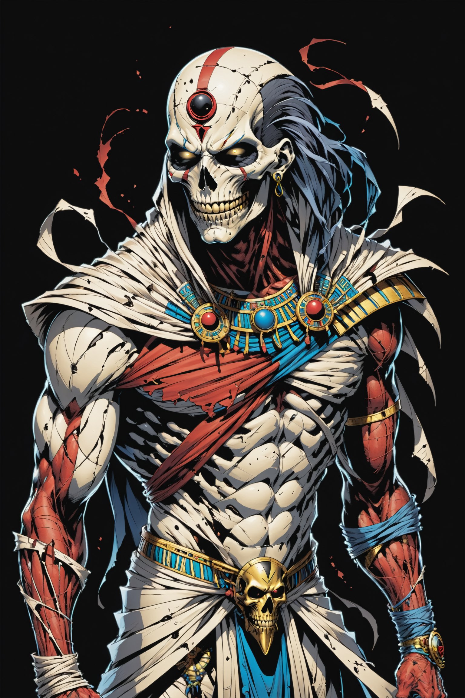 midshot, cel-shading style, centered image, ultra detailed illustration of the comic character ((male Spawn Egyptian mummy, by Todd McFarlane)), posing, wrapped in tattered bandages all over the body, ((Full Body)), (tetradic colors), inkpunk, ink lines, strong outlines, art by MSchiffer, bold traces, unframed, high contrast, cel-shaded, vector, 4k resolution, best quality, (chromatic aberration:1.8)