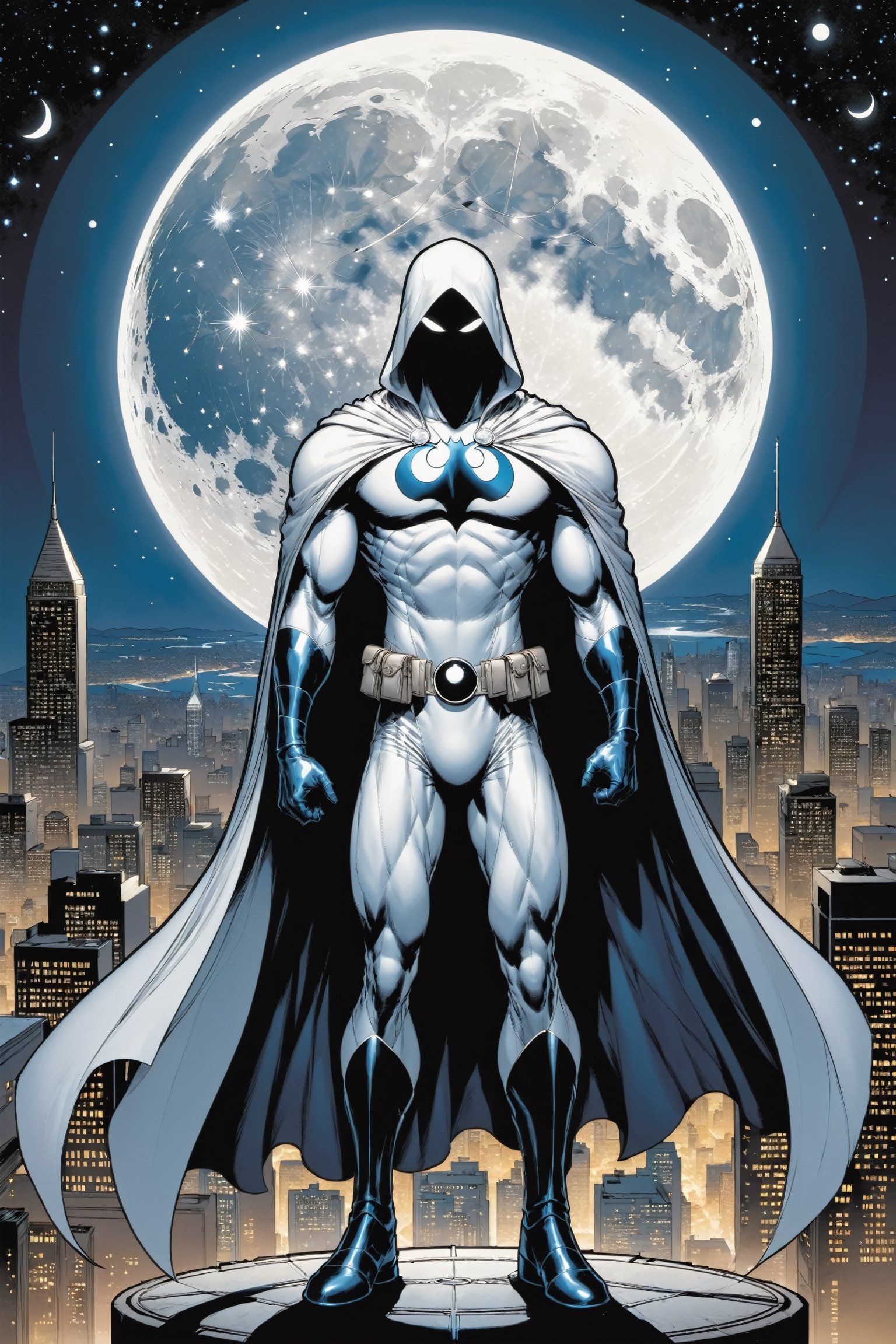 Standing atop a moonlit rooftop, the enigmatic figure known as Moon Knight cuts a striking silhouette against the city skyline. Clad in a suit of White leather, with a hooded cloak, ((adorned with intricate crescent moon motifs)), he exudes an aura of otherworldly power. His muscular physique is accentuated by the tight-fitting suit, which hugs his form like a second skin. A billowing White cape, flows behind him, adding to the air of mystique that surrounds him.

Atop his head rests a hooded cloak and cowl, concealing his features in shadow while his piercing white eyes gleam with an otherworldly intensity. In one hand, he grips a crescent-shaped staff, a versatile weapon capable of both striking down his foes and aiding in his acrobatic feats. On his utility belt, an array of gadgets and tools are holstered, ready to be deployed at a moment's notice.

With an air of silent determination, Moon Knight stands ready to mete out justice upon those who would dare to threaten the innocent, his presence a beacon of hope in the darkness of the night.