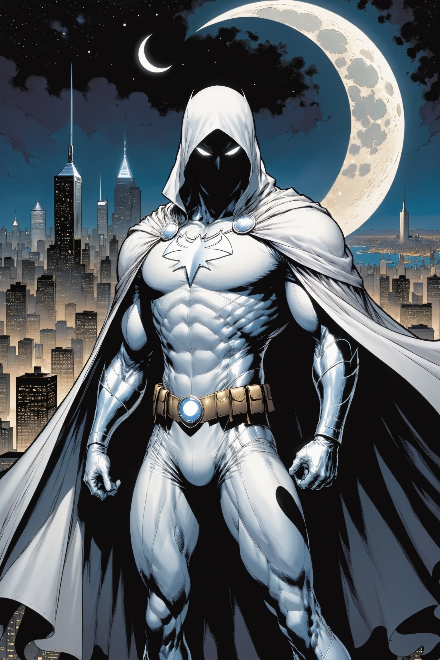 Standing atop a moonlit rooftop, the enigmatic figure known as Moon Knight cuts a striking silhouette against the city skyline. Clad in a suit of White leather, with a hooded cloak, ((adorned with intricate crescent moon motifs)), he exudes an aura of otherworldly power. His muscular physique is accentuated by the tight-fitting suit, which hugs his form like a second skin. A billowing White cape, flows behind him, adding to the air of mystique that surrounds him.

Atop his head rests a hooded cloak and cowl, concealing his features in shadow while his piercing white eyes gleam with an otherworldly intensity. In one hand, he grips a crescent-shaped staff, a versatile weapon capable of both striking down his foes and aiding in his acrobatic feats. On his utility belt, an array of gadgets and tools are holstered, ready to be deployed at a moment's notice.

With an air of silent determination, Moon Knight stands ready to mete out justice upon those who would dare to threaten the innocent, his presence a beacon of hope in the darkness of the night.