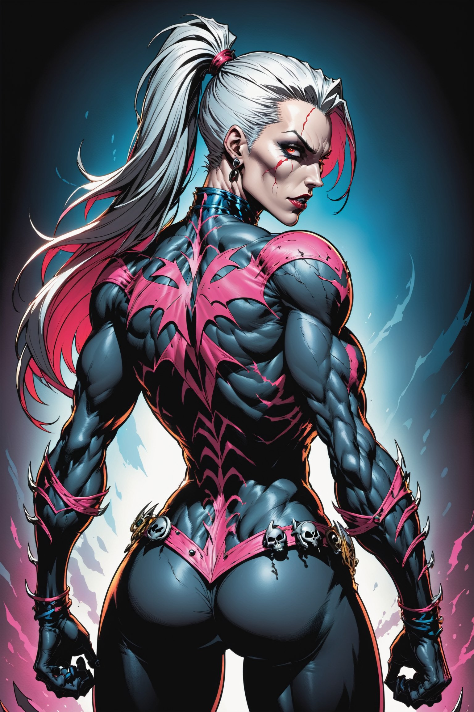 midshot, cel-shading style, centered image, ultra detailed illustration of the comic character ((female Spawn warrior woman, by Todd McFarlane)), posing, extremely muscular overly muscular large breast extremely extremely muscular, black, neon pink, suit with a belt with a skull on it, long white hair in a tall, single ponytail, ((view from Behind she’s looking over her shoulder)),  ((Half Body)), ((view from behind)),  perfect hands, (tetradic colors), inkpunk, ink lines, strong outlines, art by MSchiffer, bold traces, unframed, high contrast, cel-shaded, vector, 4k resolution, best quality, (chromatic aberration:1.8)