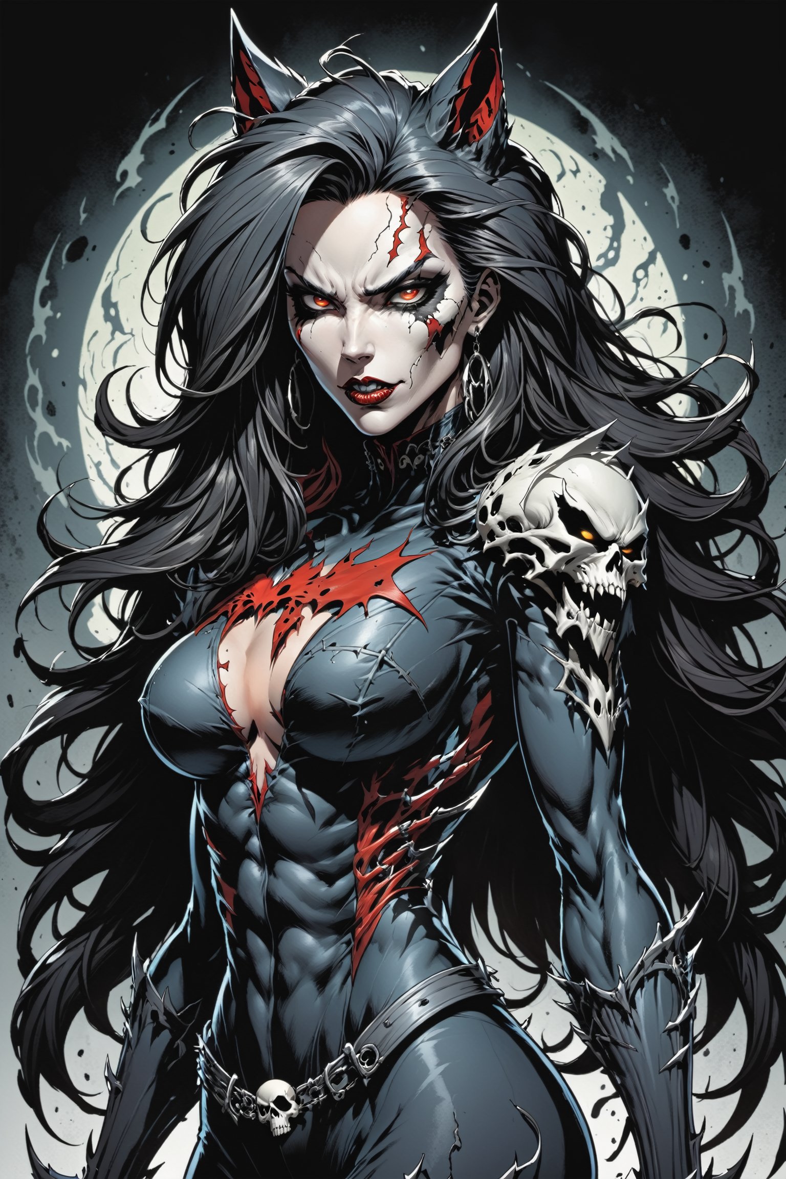 midshot, cel-shading style, centered image, ultra detailed illustration of the comic character ((female Spawn Wolf lady, by Todd McFarlane)), posing, long black long hair, Gray rust, and black suit with a skull emblem, ((view from Behind she’s looking over her shoulder)), ((Full Body)), ((perfect hands)), (tetradic colors), inkpunk, ink lines, strong outlines, art by MSchiffer, bold traces, unframed, high contrast, cel-shaded, vector, 4k resolution, best quality, (chromatic aberration:1.8)