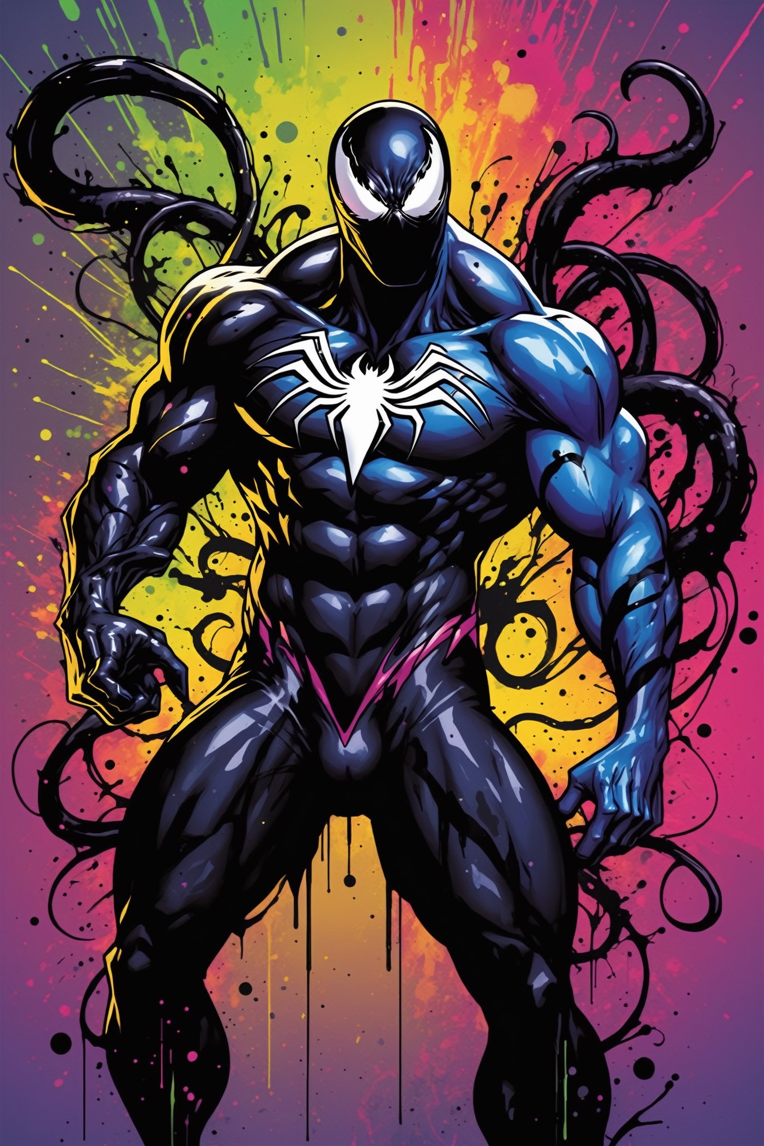 midshot, cel-shading style, centered image, ultra detailed illustration of Venom posing, ((Full Body)), (tetradic colors), ((inkpunk)), ((ink lines)), ink splatter, strong outlines, art by MSchiffer, bold traces, unframed, high contrast, cel-shaded, vector, 4k resolution, best quality, (chromatic aberration:1.8)