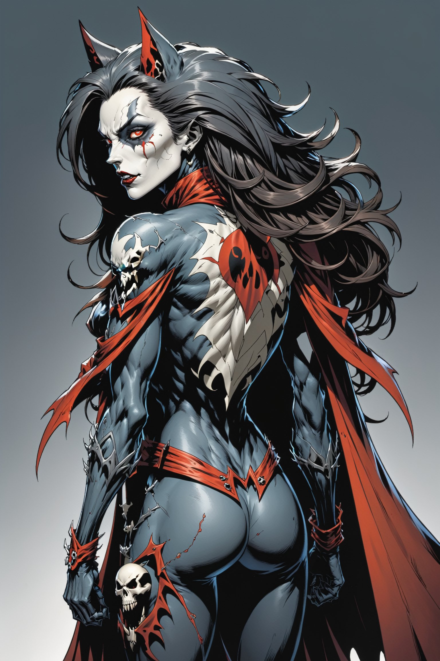 midshot, cel-shading style, centered image, ultra detailed illustration of the comic character ((female Spawn Wolf lady, by Todd McFarlane)), posing, long black long hair, Gray rust, and black suit with a skull emblem, rust flowing cape, ((view from Behind she’s looking over her shoulder)),  ((Full Body)), ((view from behind)),  (tetradic colors), inkpunk, ink lines, strong outlines, art by MSchiffer, bold traces, unframed, high contrast, cel-shaded, vector, 4k resolution, best quality, (chromatic aberration:1.8)