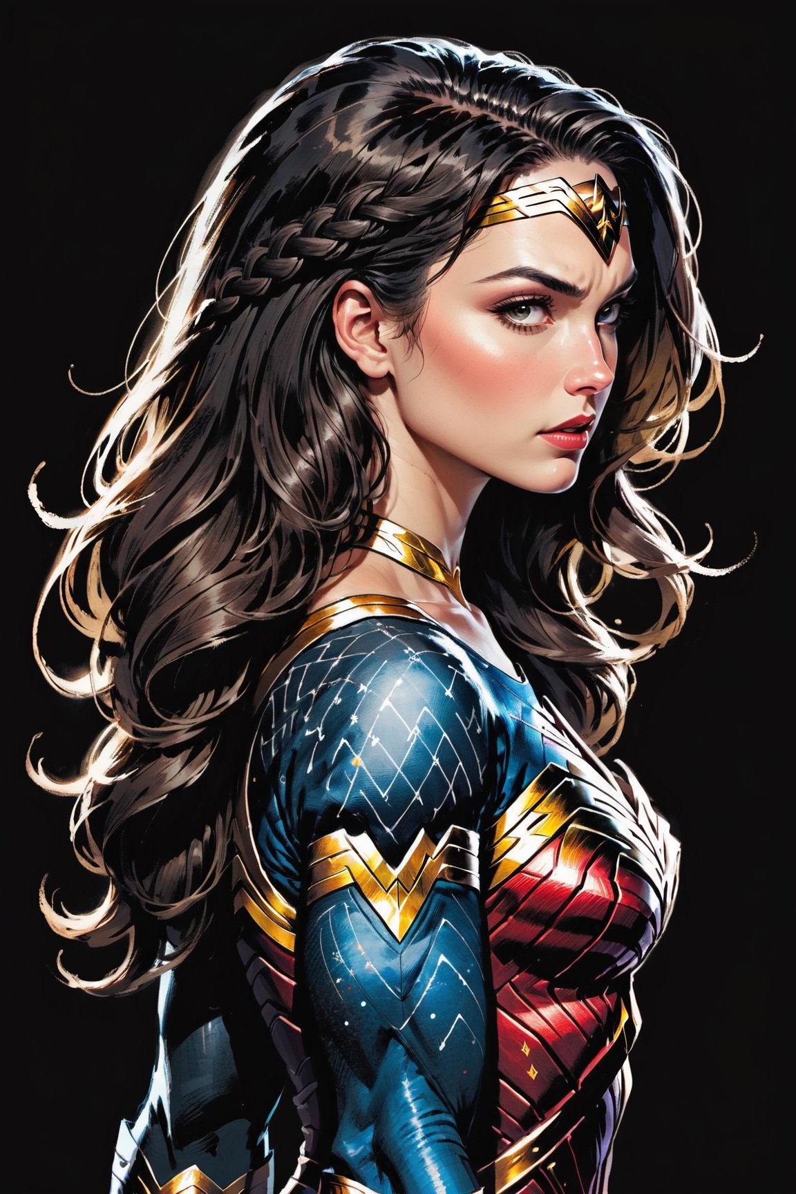 dark, gritty, realistic, mix of bold dark lines and loose lines, bold lines, on paper, turnaround character sheet, a stunningly beautiful (masterpiece, best quality:1.3), (2d:1.3), ink (medium), t-shirt design, White background, Full body, 2D illustration,  (((Wonder Woman))). bits of color, Sketch book, hand drawn, dark, gritty, realistic sketch, Rough sketch, mix of bold dark lines and loose lines, bold lines, on black paper, turnaround character sheet. Half body, (((View from behind))), ((she is looking over her shoulder)), arcane symbols, runes, dark theme, flowing partially braided Black hair, large long ponytail, (sharp lines), lines of bold ink, strong outlines, bold strokes, high contrast, (professional vector), best quality, flat colors, flat lights, no shadows, low levels, ((geometric shapes)), paint splatters, arcane symbols, runes, dark theme, Perfect composition golden ratio, masterpiece, best quality, 4k, sharp focus. Better hand, perfect anatomy, ((safe for work))