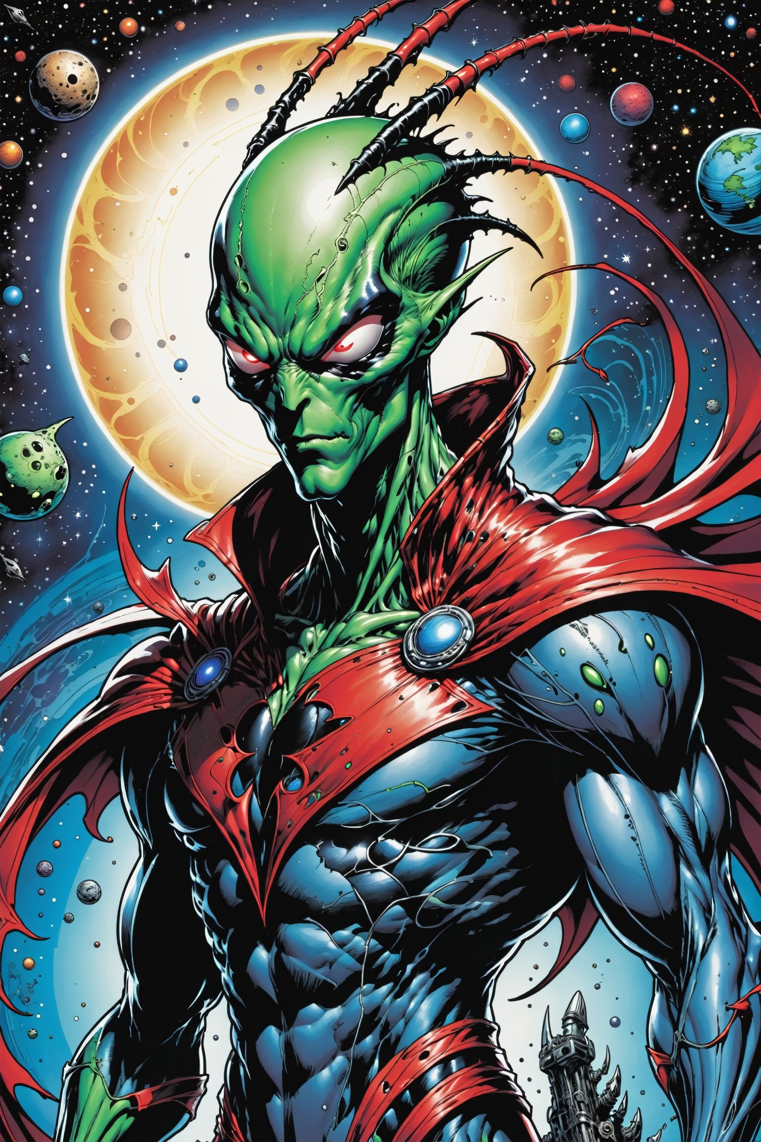 midshot, cel-shading style, centered image, ultra detailed illustration of the comic character ((male Spawn Space Alien, by Todd McFarlane)), posing, ((Half Body)), planets in the background, (tetradic colors), inkpunk, ink lines, strong outlines, art by MSchiffer, bold traces, unframed, high contrast, cel-shaded, vector, 4k resolution, best quality, (chromatic aberration:1.8)